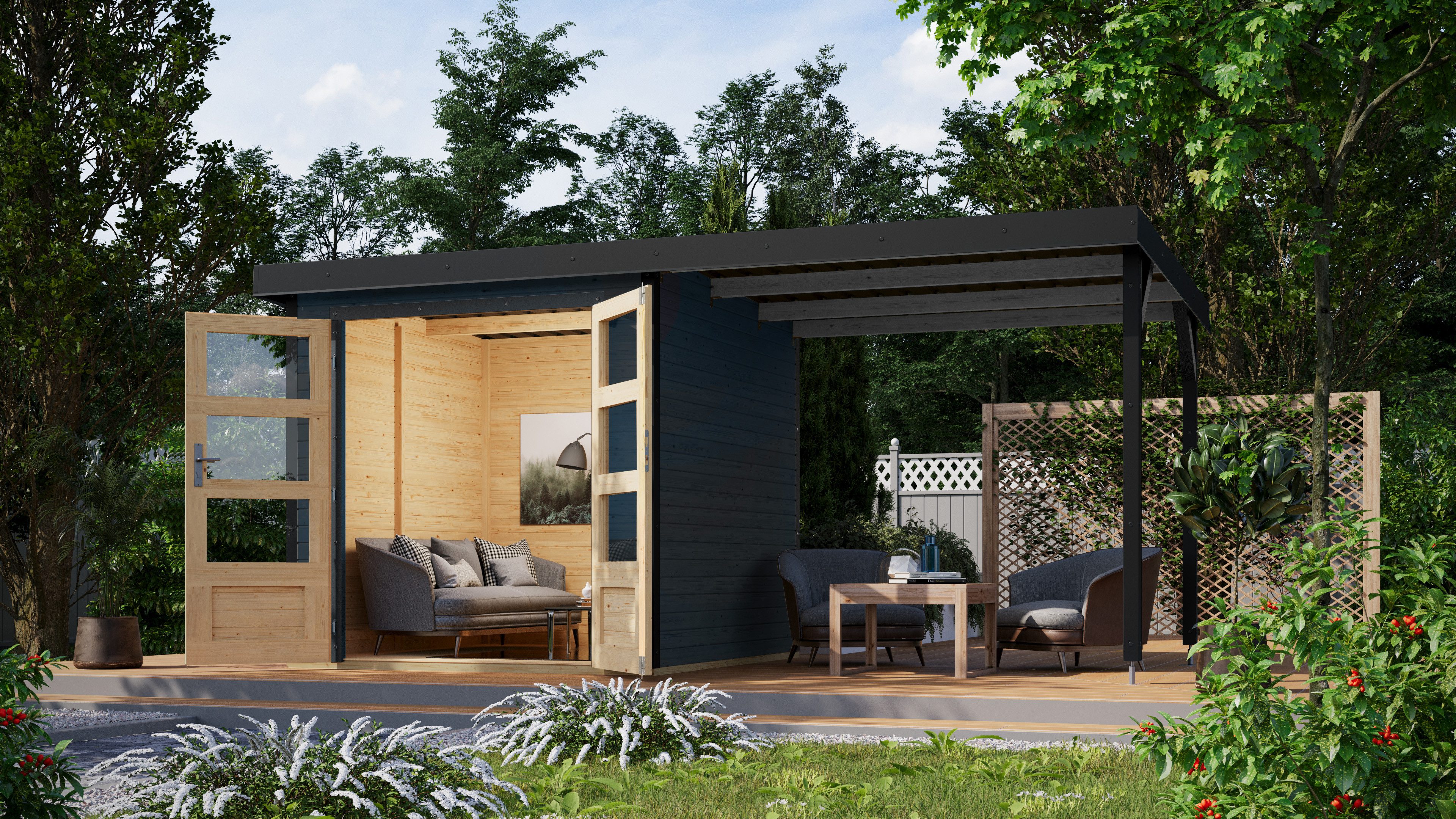 Karibu Gartenhaus Jupiterino 2 SET, in verschiedenen Farben, BxT: 453x235 cm, (Set), inkl. Anbaudach, Made in Germany
