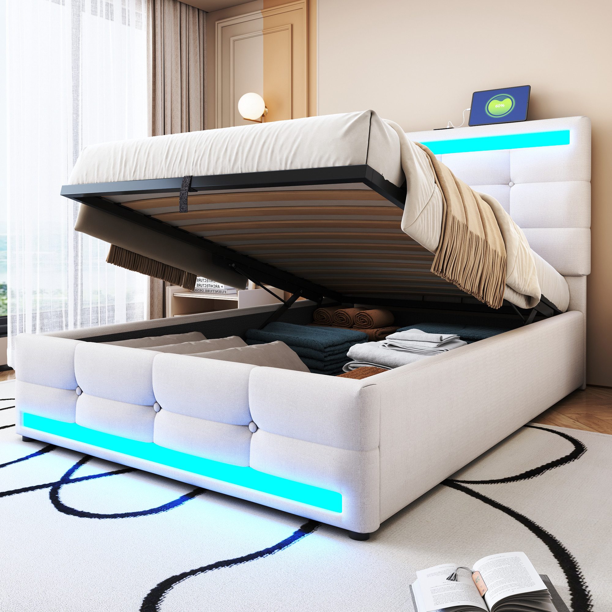 Merax Polsterbett mit LED und USB Anschlüssen (Höhenverstellbares Kopfteil, 1-tlg), Jugendbett 90x200cm mit hydraulischem Stauraum, Mehrzweckbett, Leinen