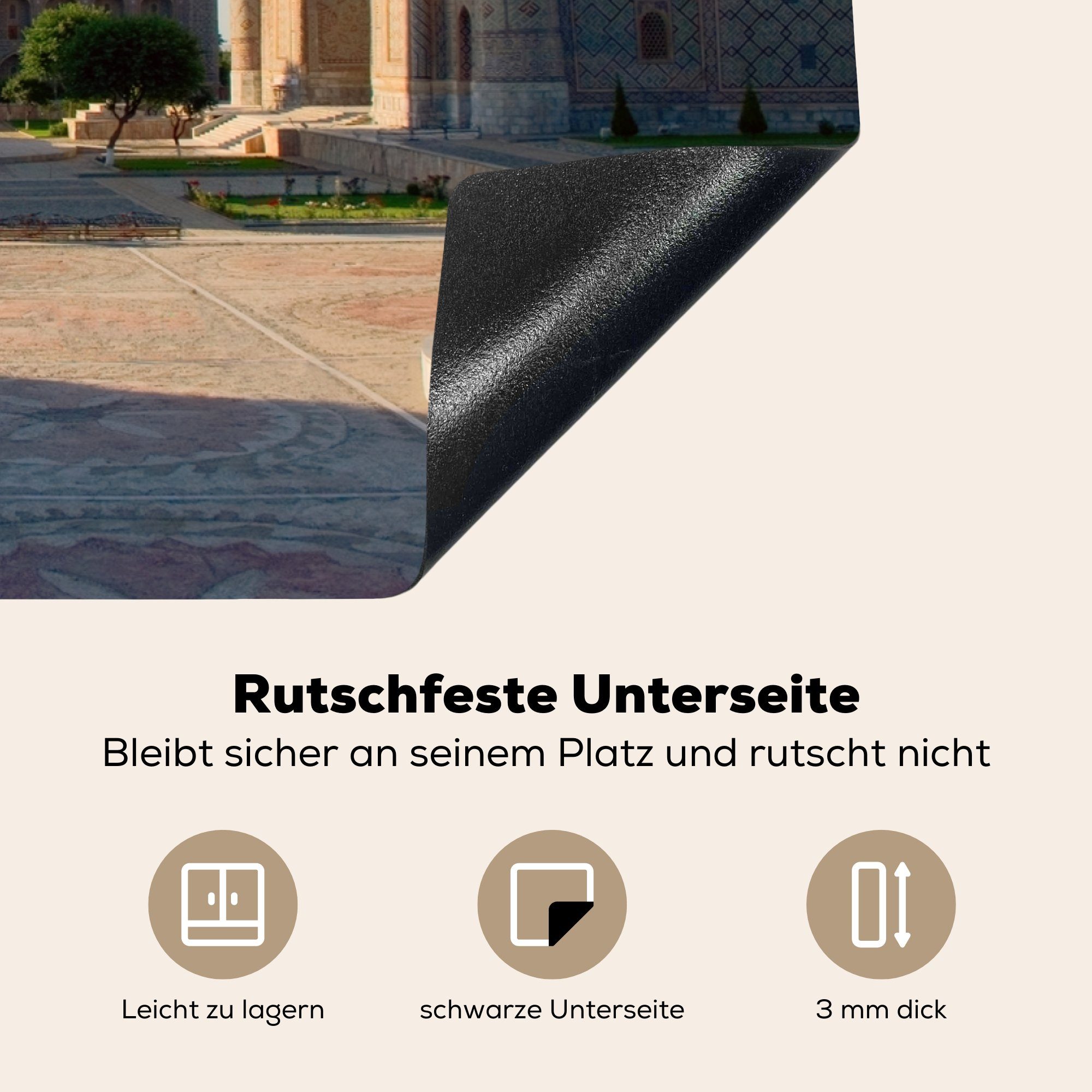 Usbekistan, Vinyl, Schutz (1 für die Induktionskochfeld 81x52 Ceranfeldabdeckung küche, cm, MuchoWow in am Sonnenuntergang Registan-Platz Herdblende-/Abdeckplatte tlg),