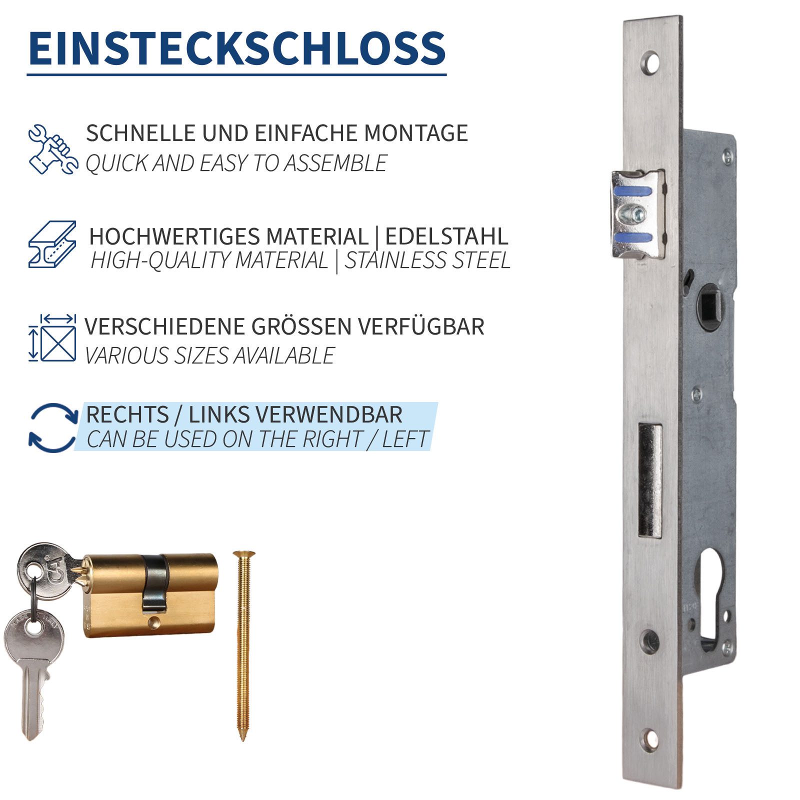 ATTAS Einsteckschloss ATTAS Einsteckschloss inkl. Profilzylinder, Rohrrahmenschloss, Z.B. für Gartentore Drehtüren, Drehtore, Langlebig Drehbare Falle