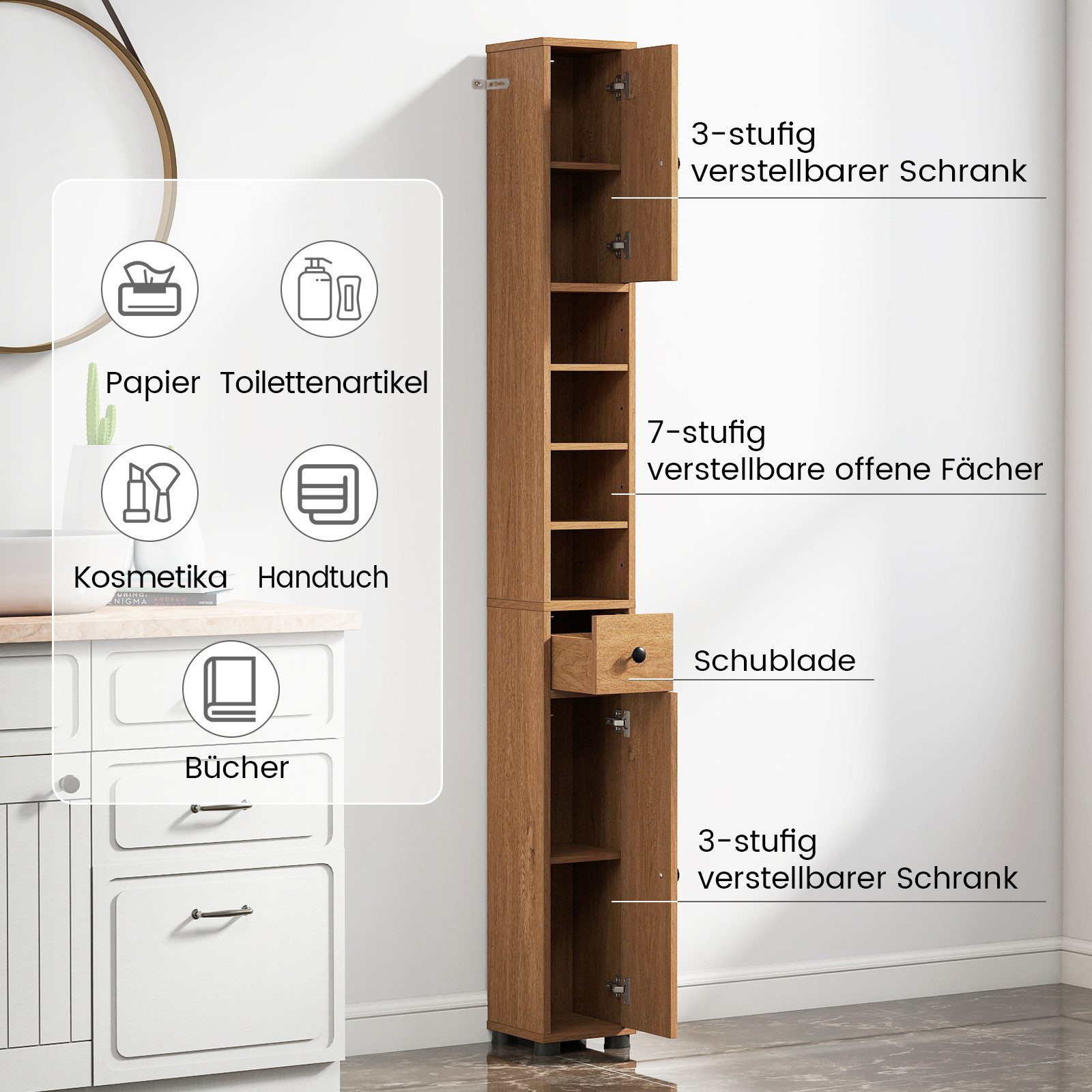 COSTWAY Hochschrank Badschrank schmal, verstellbaren Regal, 20x20x180cm, We günstig online kaufen