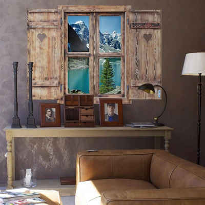 K&L Wall Art Wandtattoo 3D Wandtattoo Holz Optik Aufkleber Vintage Herz Bergsee Idylle See im Berg, Holzfenster Wandbild selbstklebend