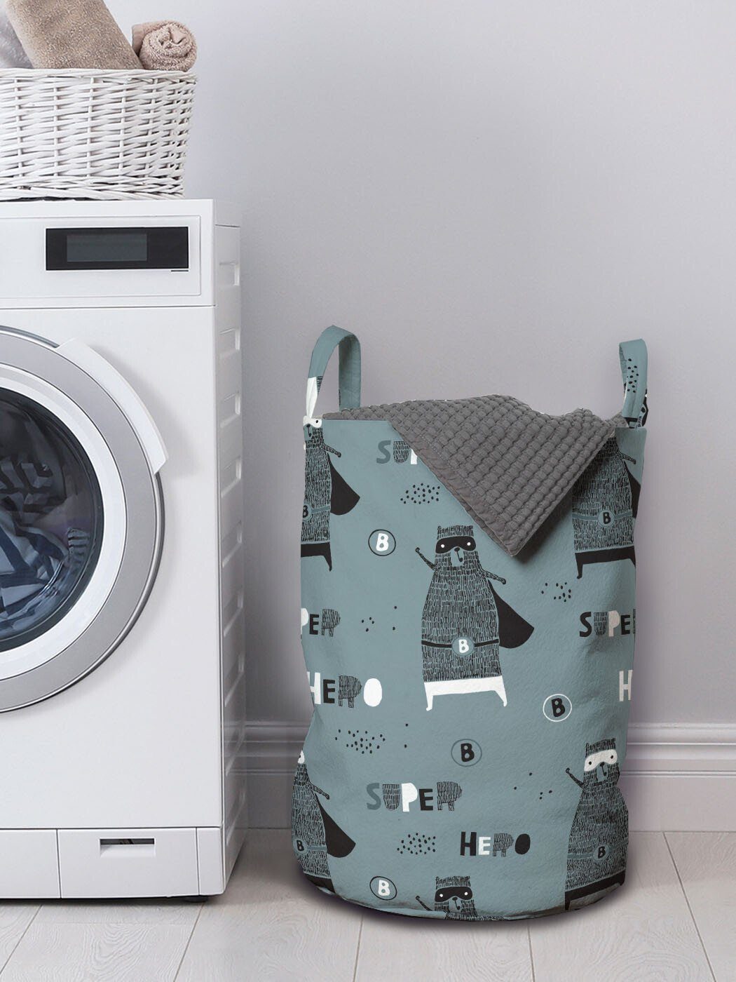 Abakuhaus Wäschesäckchen für Super Wäschekorb Griffen Kordelzugverschluss Hero mit Kindisch Waschsalons, Typographic