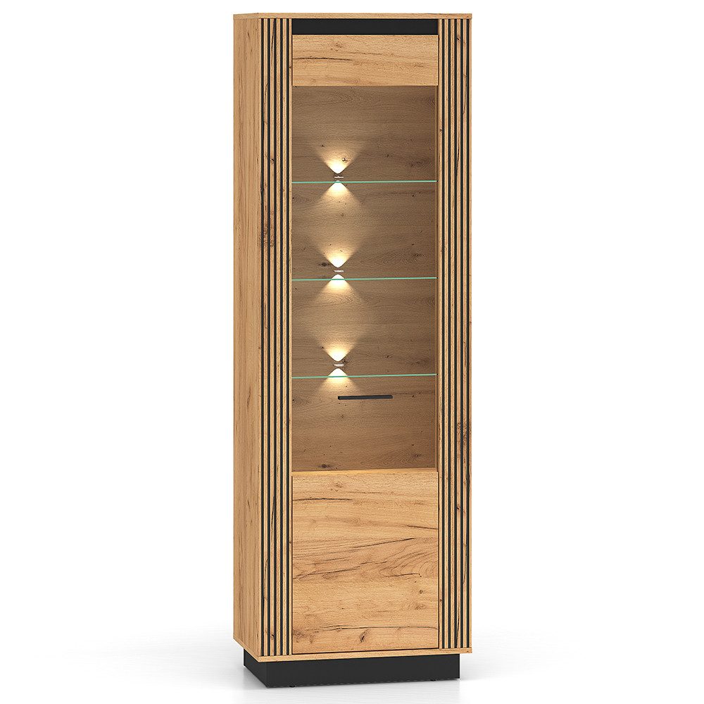Lomadox Vitrine URBANIA-131 Vitrinenschrank inkl. Beleuchtung 65 cm breit modern Eiche mit schwarz