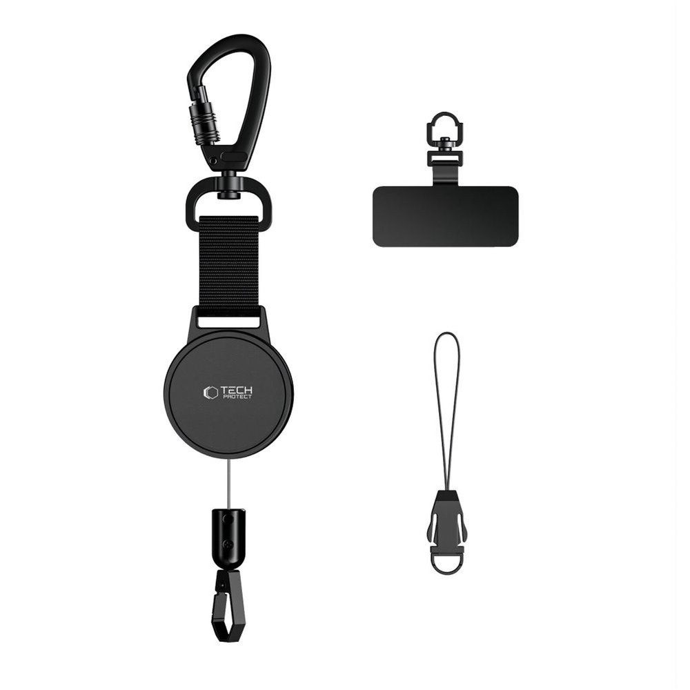 TECH PROTECT Trageband Handysicherung Schlüsselanhänger Seilzughalter, Einziehbares Stahlseil, Karabiner, Adapter