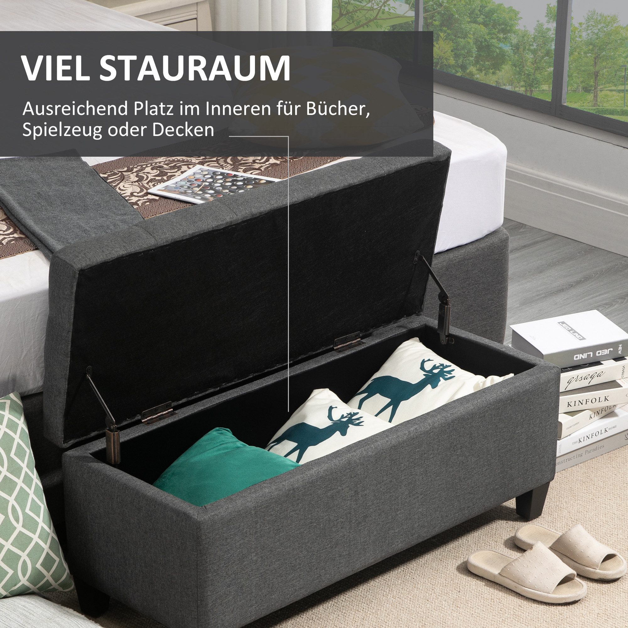 HOMCOM Sitzbank Stauraum mit Leinenoptik, Holzbeine für Flur (Truhenbank, 1-St., Polsterbank), Schlafzimmer, Wohnzimmer, Gummiholz, Dunkelgrau, 100 x 40 x 44 cm – Bild 4 von 5