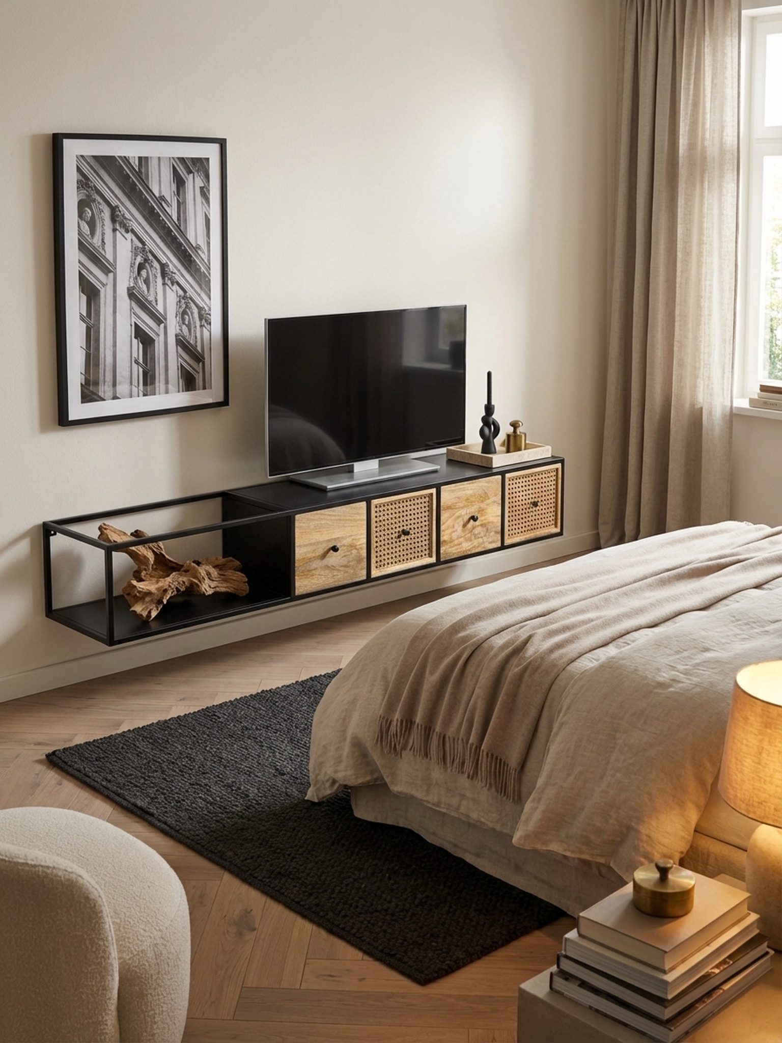 KADIMA DESIGN Lowboard Lowboard Hängend Mango Massivholz / Metall 150x25x35 cm TV-Schrank (Wand, TV-Kommode Fernsehkommode zum Aufhängen), Schwarz, Design Fernsehtisch Wiener Geflecht Modern, Fernsehschrank