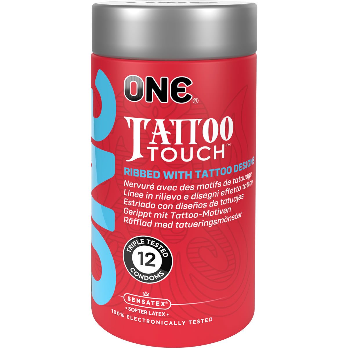 ONE Kondome Tattoo Touch Packung mit, 12 St., gemusterte Kondome mit Tattoo-Design auf dem Kondom, vegan & ohne schädlichen Inhaltsstoffe