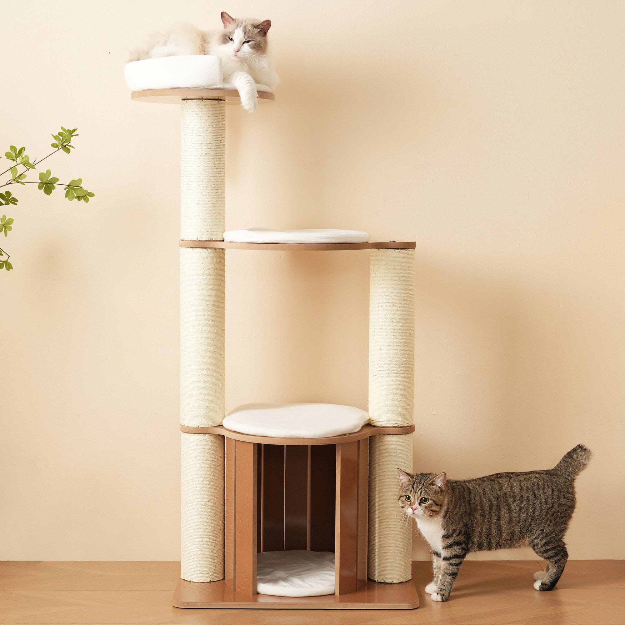 Flieks Kratzbaum PURELOVE, Katzenbaum 60x48x135cm mit 3 Plattformen, 1 Katzenhaus und Kippschutz