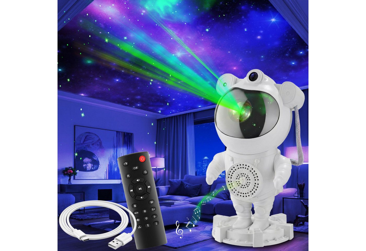 tectake LED Nachtlicht LED-Sternenhimmelprojektor, 12 x 11,5 x 23,5 cm, 5 W, 4 RGB-Farben, 360°-Kopf, Bluetooth/Musik, 8 Sounds, Timer, Stern/Mond/Nebel