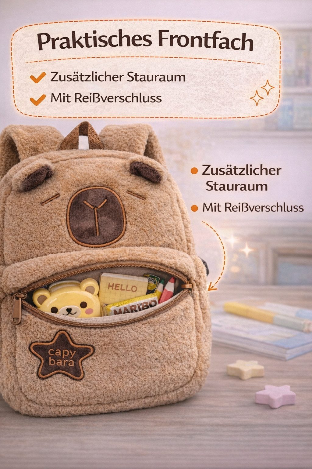 soma Schulrucksack Plüsch Kinder Rucksack Capybara braun mit Frontfach Reißverschluss (Set, 1-tlg., Geschenk-Set), Flauschiger Kinder Rucksack mit Capybara Moti – Bild 4 von 5