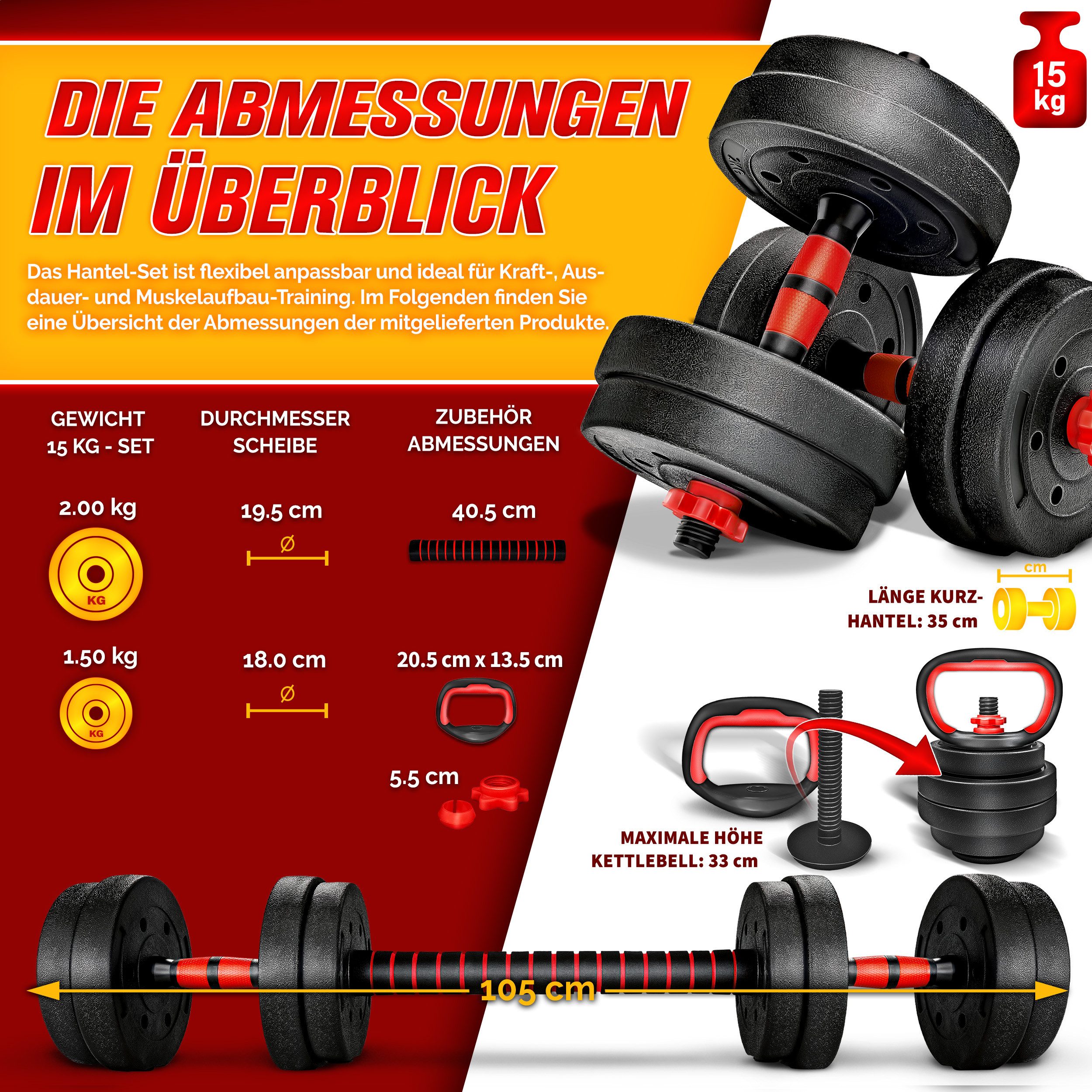 RE:SPORT Hantel-Set Hantelset verstellbar, Kurzhantel & Langhantel, Sternverschlüsse & Verbindungsrohr