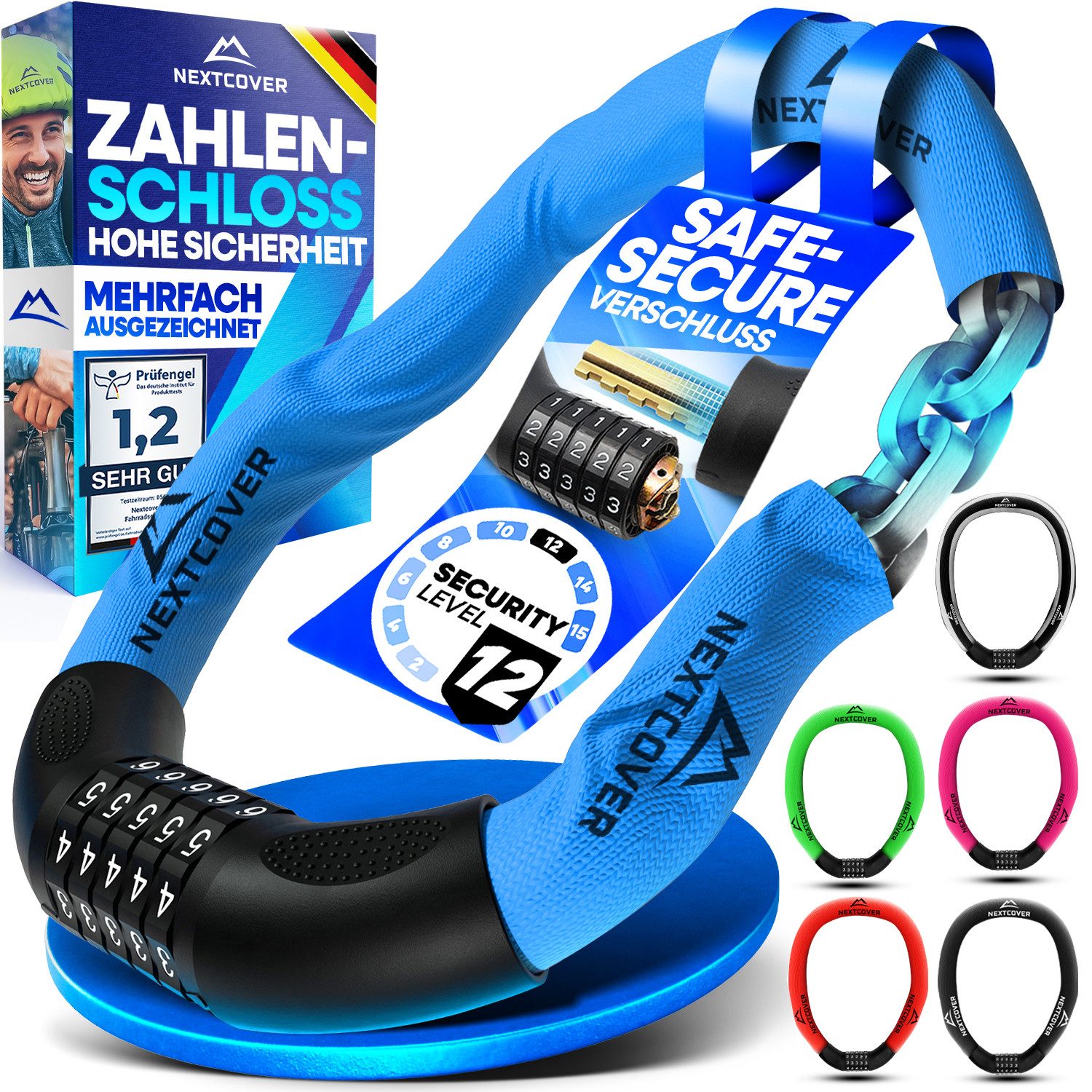 Nextcover Kettenschloss Fahrradschloss mit Zahlencode - Sicherheitsverschluss