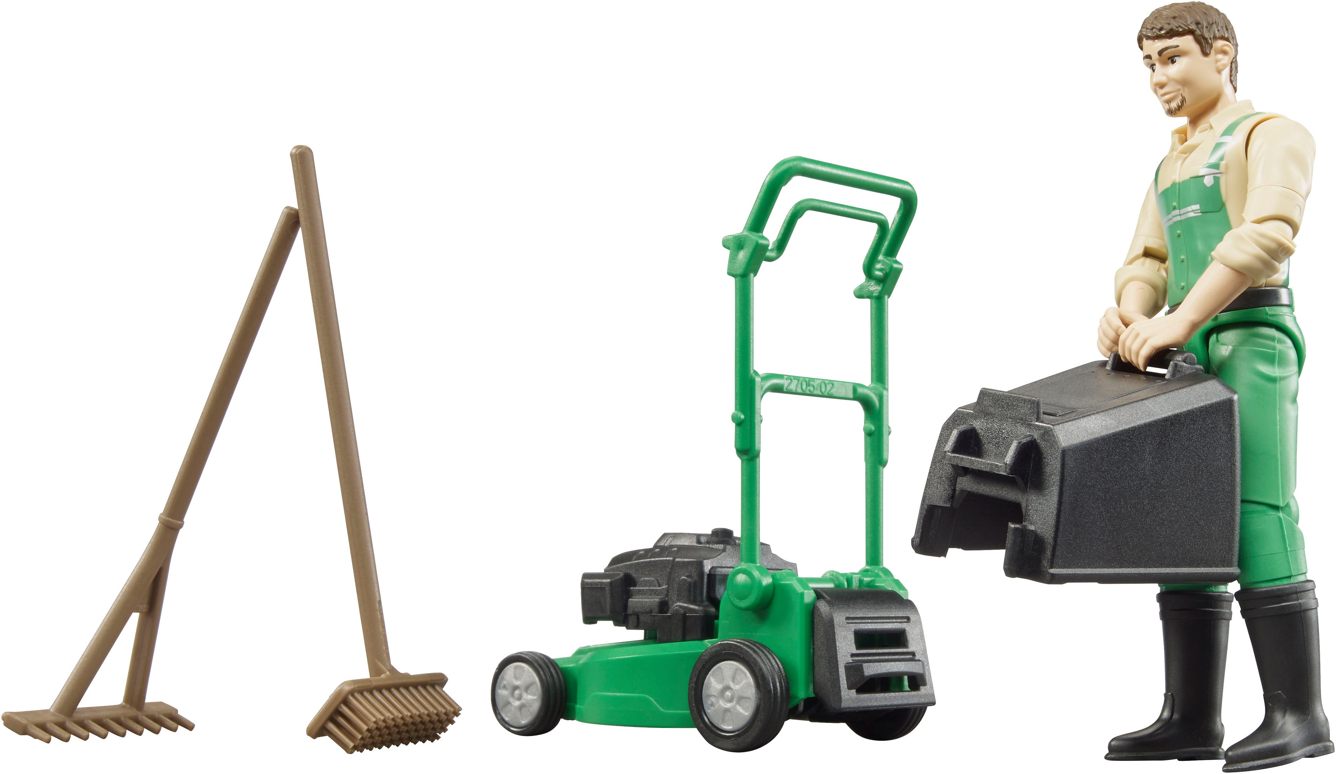 Bruder® Spielfigur bworld Gärtner mit Rasenmäher und Gartengeräten (62103), Made in Europe