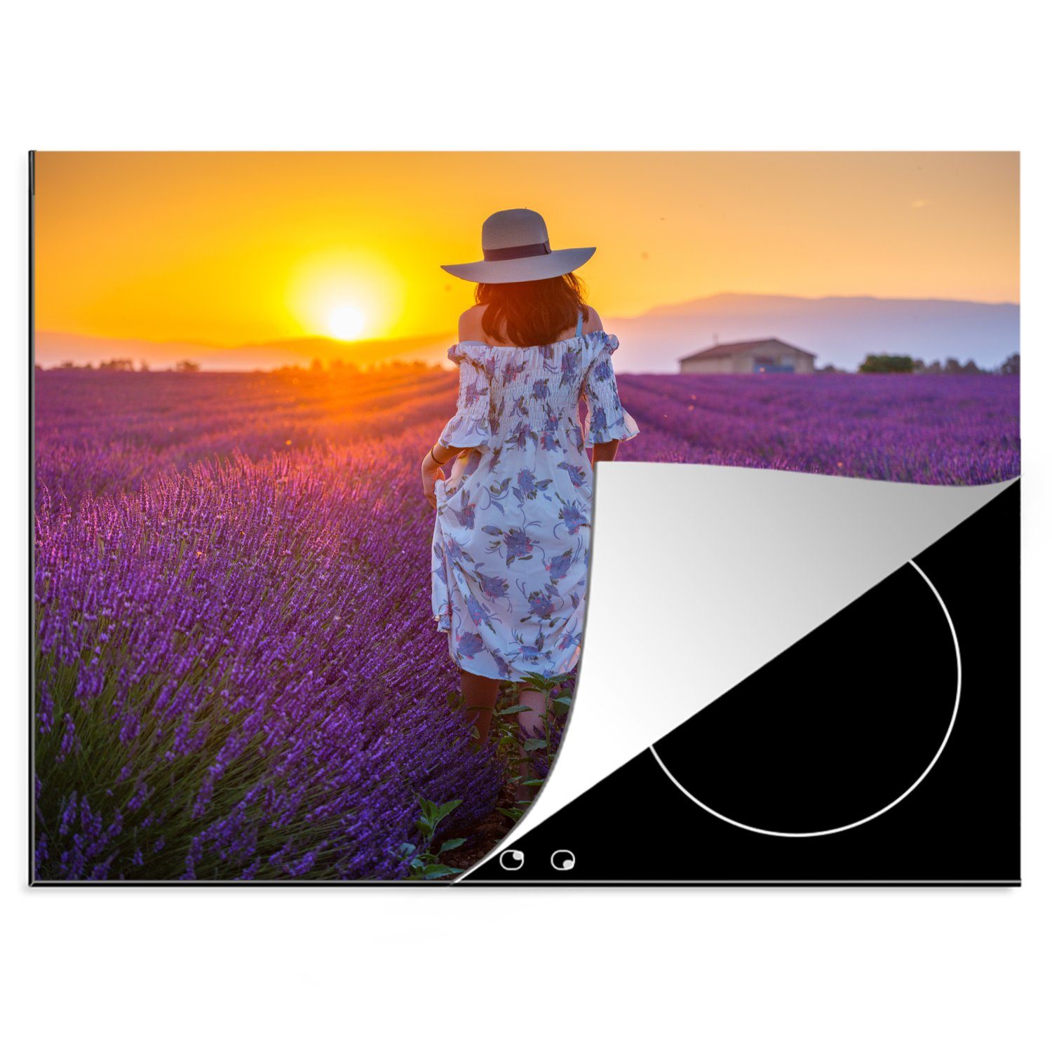 MuchoWow Herdblende-/Abdeckplatte Frau - Lavendel Sonnenuntergang, Arbeitsfläche cm, Vinyl, Ceranfeldabdeckung Mobile - 70x52 nutzbar, tlg), (1