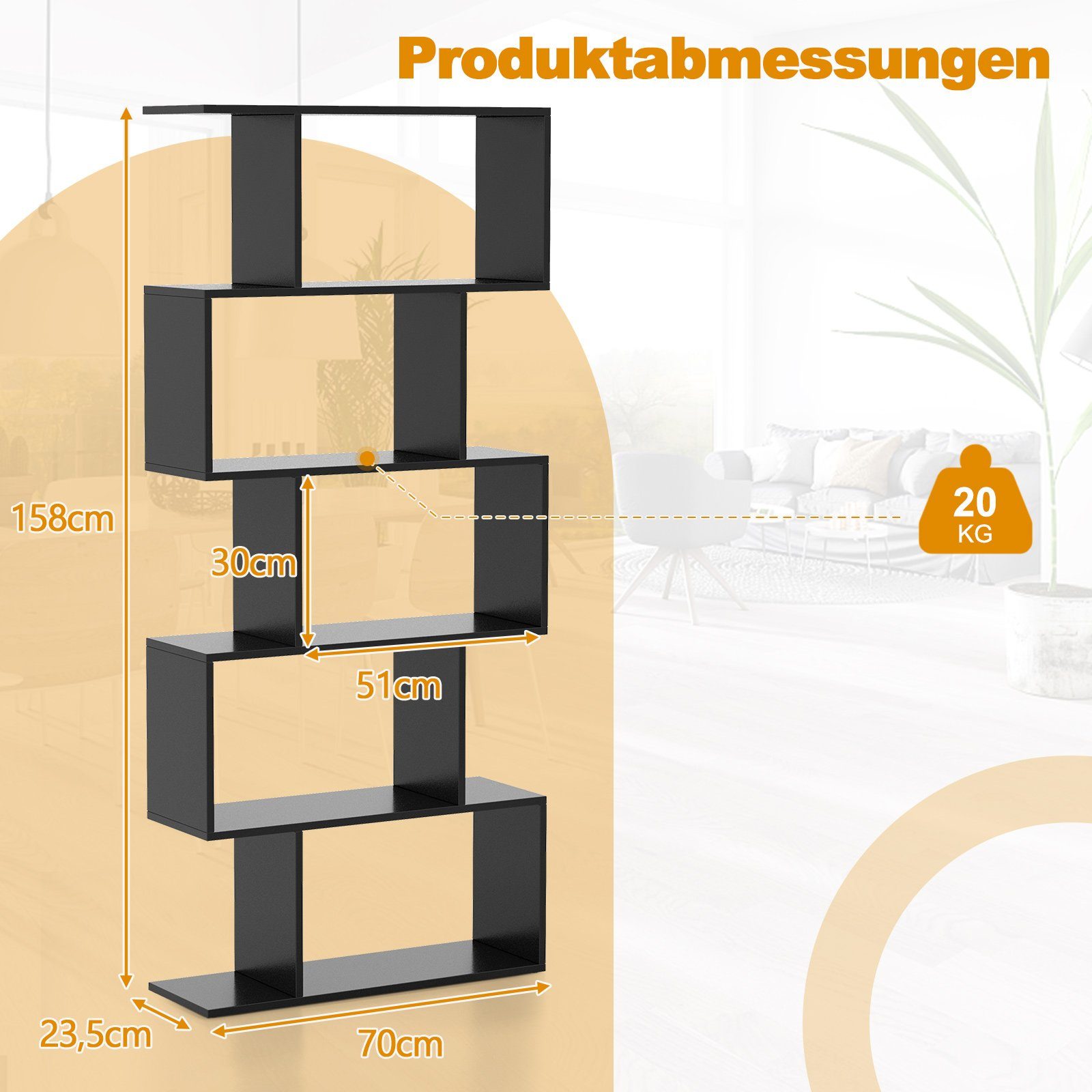 COSTWAY Bücherregal, Raumteiler mit 5 Ebenen, 70 x 23,5 x 158 cm
