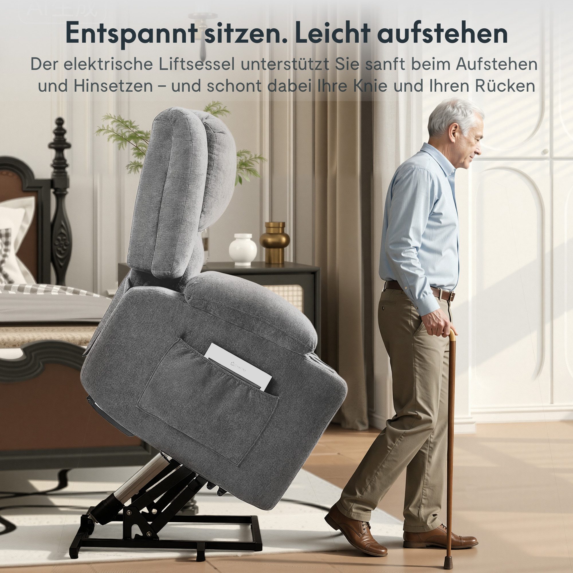 FLEXISPOT Relaxsessel Elektrischer Relaxsessel mit Aufstehhilfe, Massage- und Liegefunktion (mit Heizfunktion, 8-Punkt-Massage, USB-/Type-C-Anschluss, 2 Seitentaschen, 2 integrierte Getränkehalter, 105°-165° verstellbar), belastbar bis 200 kg, XL6