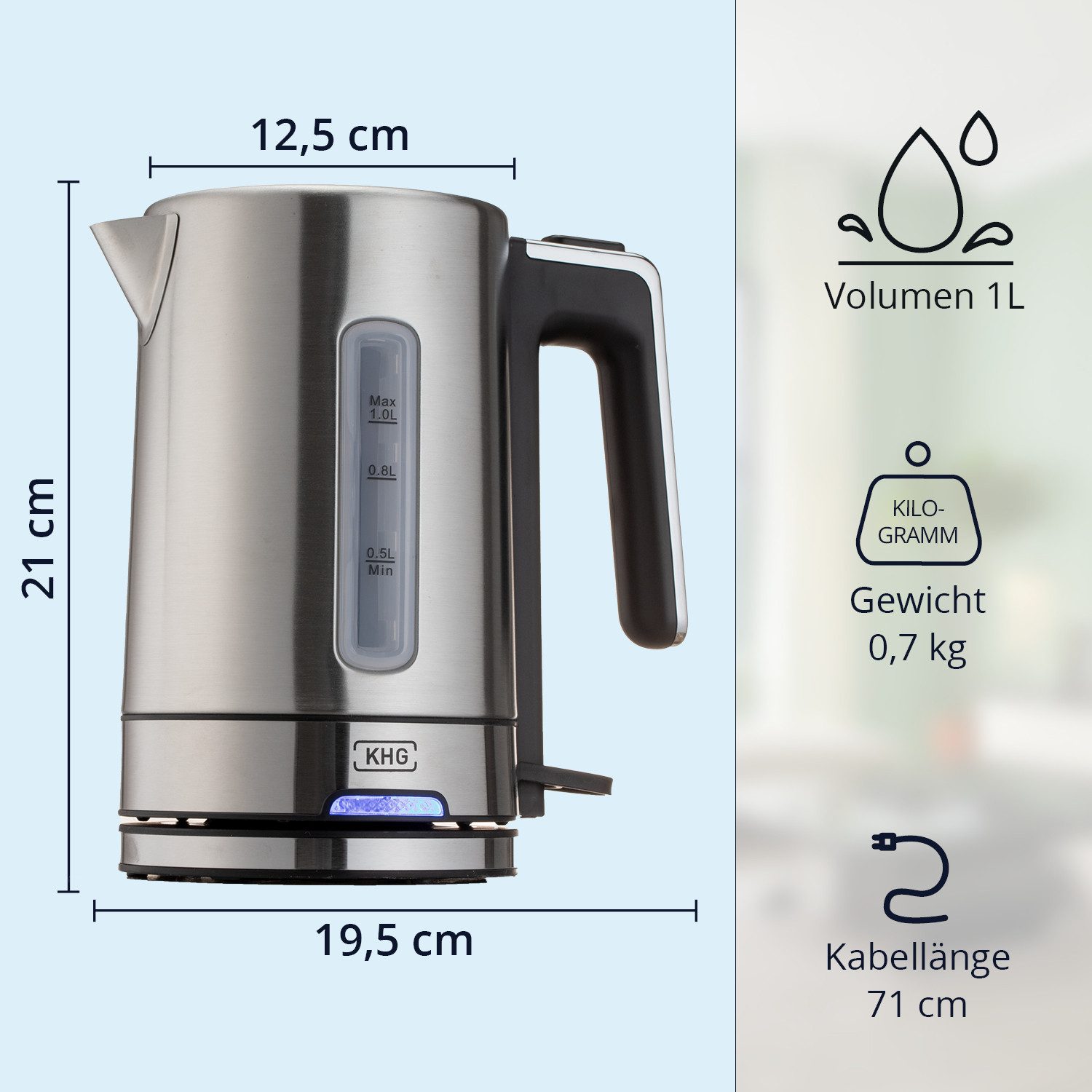KHG Wasserkocher WK-105 ES aus Edelstahl, 1 Liter Fassvermögen, Abschaltautomatik, 1 l