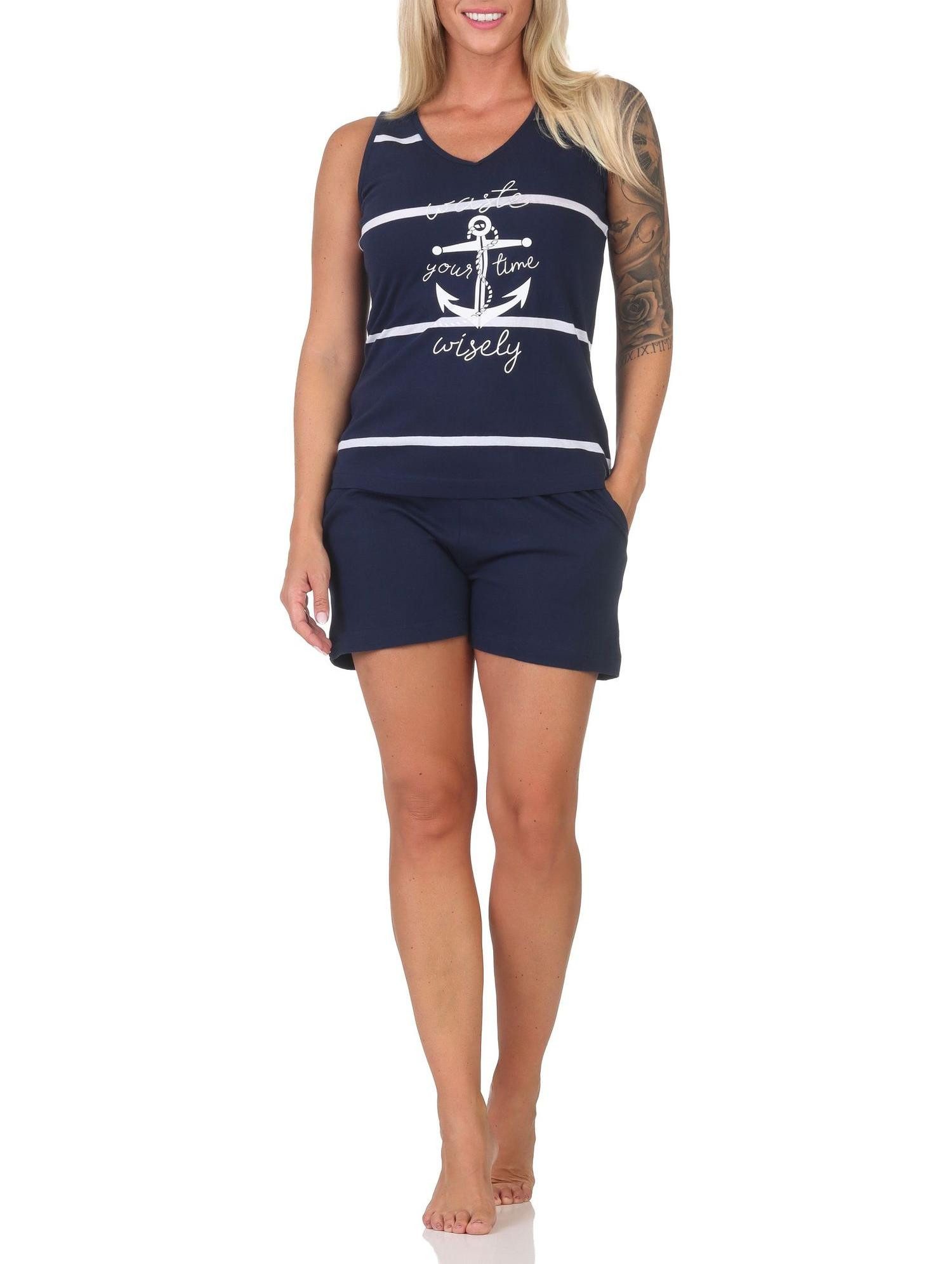 Normann Pyjama Maritimer ärmelloser Damen Shorty Schlafanzug mit Anker Motiv