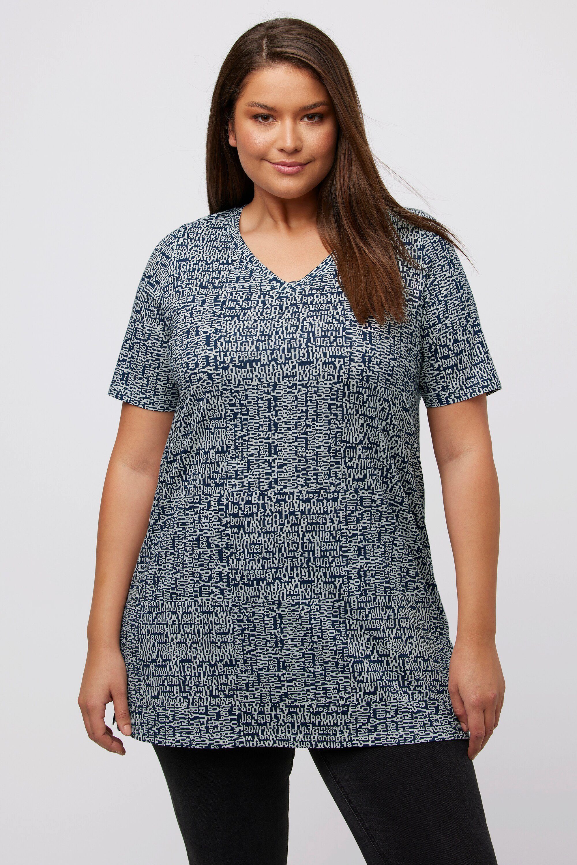 Ulla Popken Rundhalsshirt T-Shirt gemustert A-Linie V-Ausschnitt Halbarm dunkelblau | V-Shirts