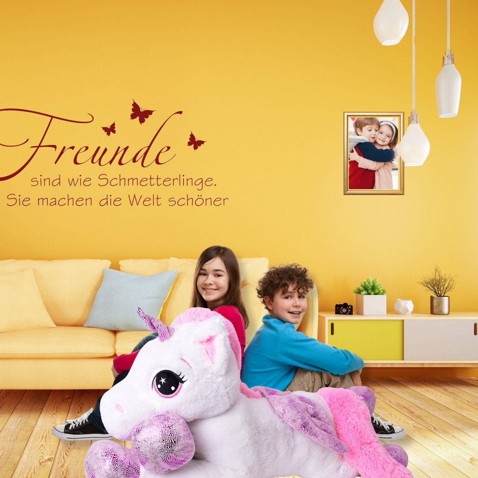TE-Trend Kuscheltier Einhorn 130 cm XXL Plüscheinhorn Plüschtier Unicorn weiß, mit lila Glitzerelementen