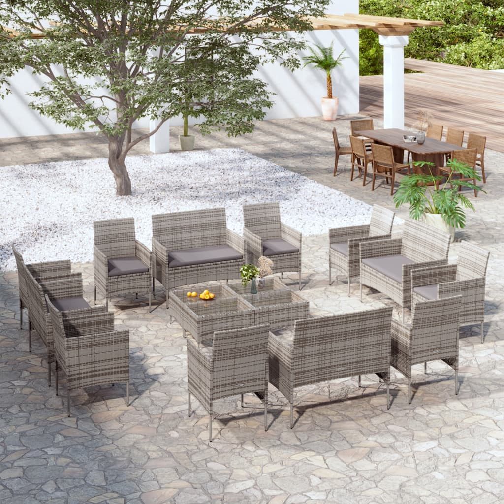 furnicato Gartenlounge-Set 16-tlg. Garten-Lounge-Set mit Auflagen Poly Rattan Grau, (1-tlg)