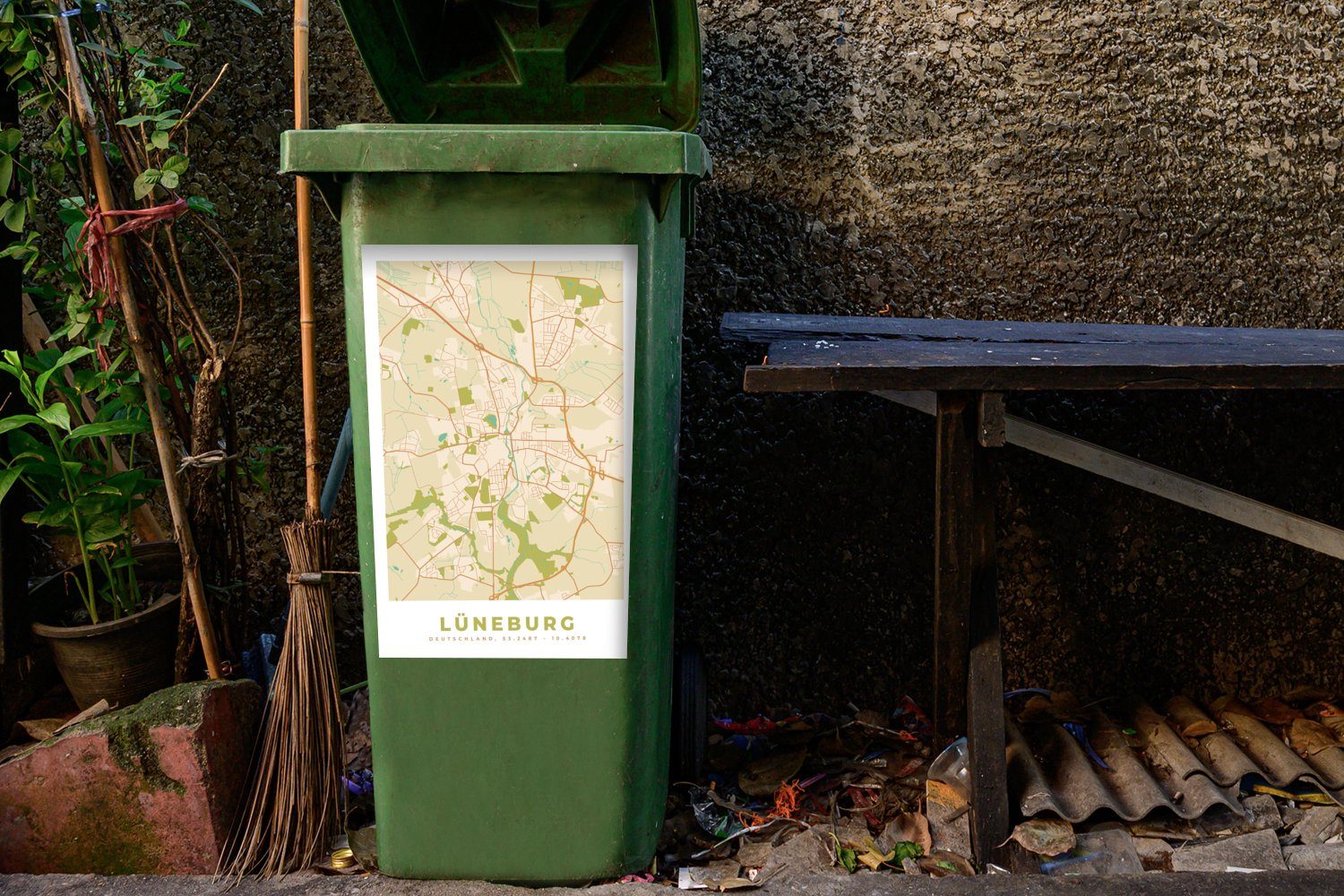 (1 Sticker, - - MuchoWow Lüneburg Karte - Container, Stadtplan - Mülleimer-aufkleber, Karte Abfalbehälter Mülltonne, St), Wandsticker Vintage
