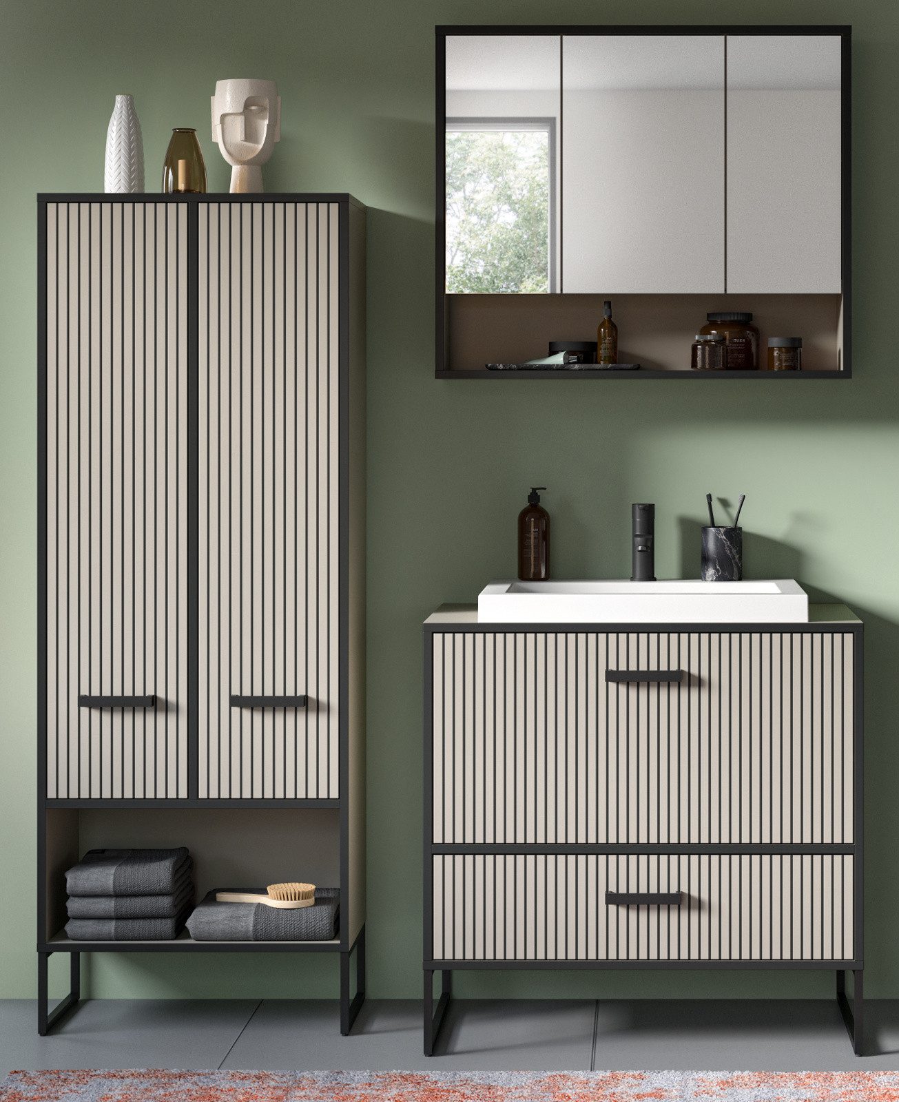 Inn.Furn Badmöbel-Set Scana, (Badezimmer in Sand mit schwarz, 4-St., Komple günstig online kaufen