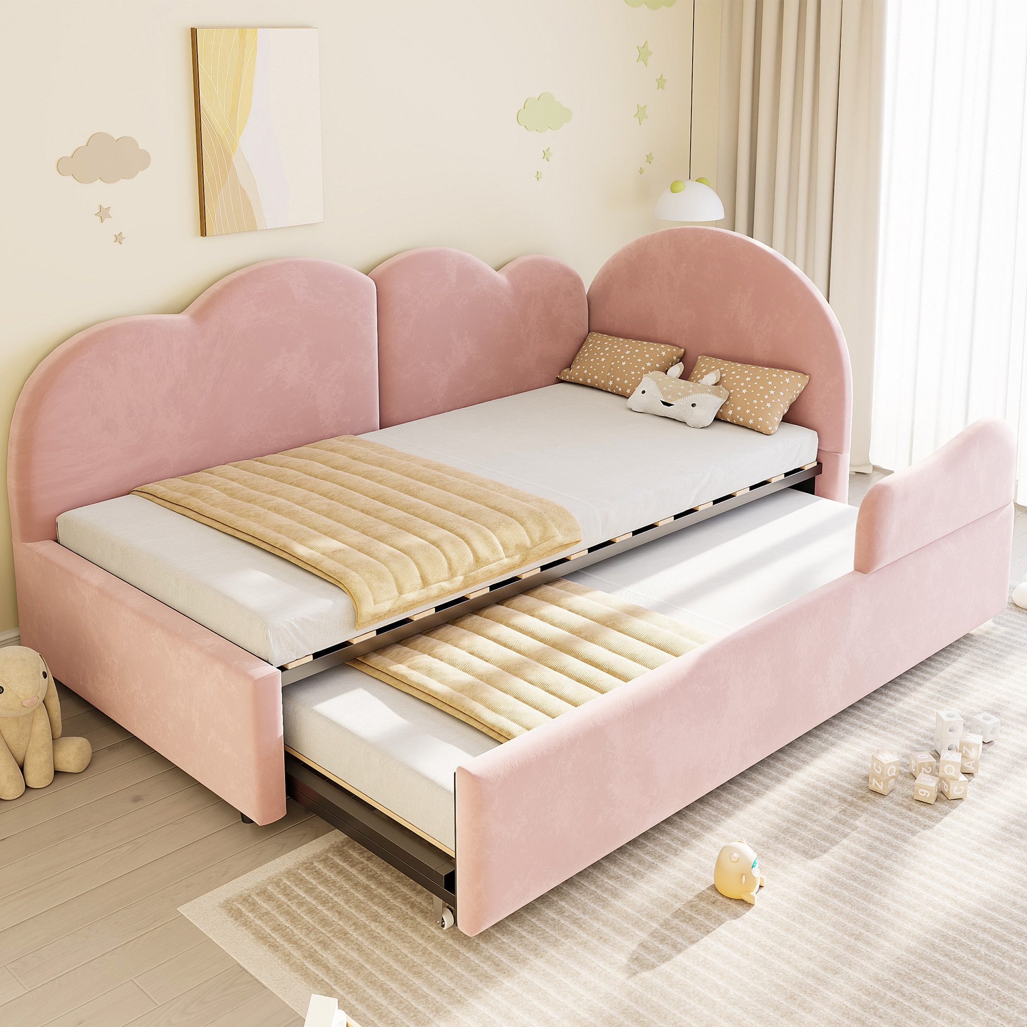 Merax Daybett 90x200cm mit Ausziehbett, Samt Schlafsofa Tagesbett (1 tlg), Jugendbett Polsterbett mit ausziehbarem Unterbett & Wolken-Kopfteil – Bild 2 von 5