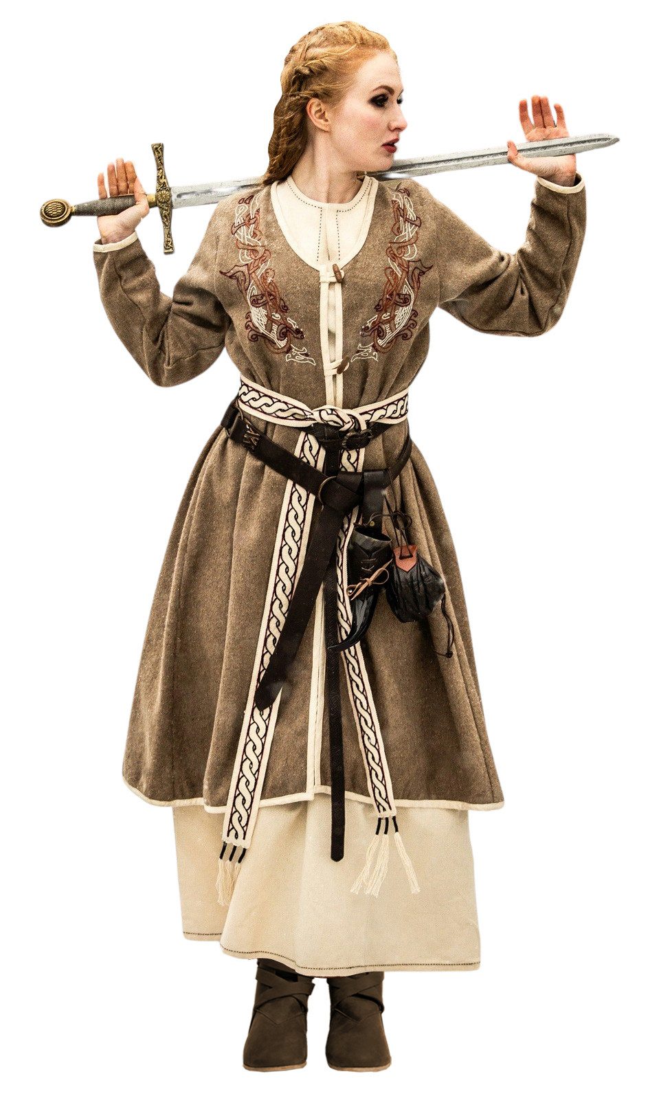 Leonardo Carbone Wikinger-Kostüm Mantel "Skadi" mit Urnes-Stil Stickerei, Holzknebelverschluss, Wollmaterial