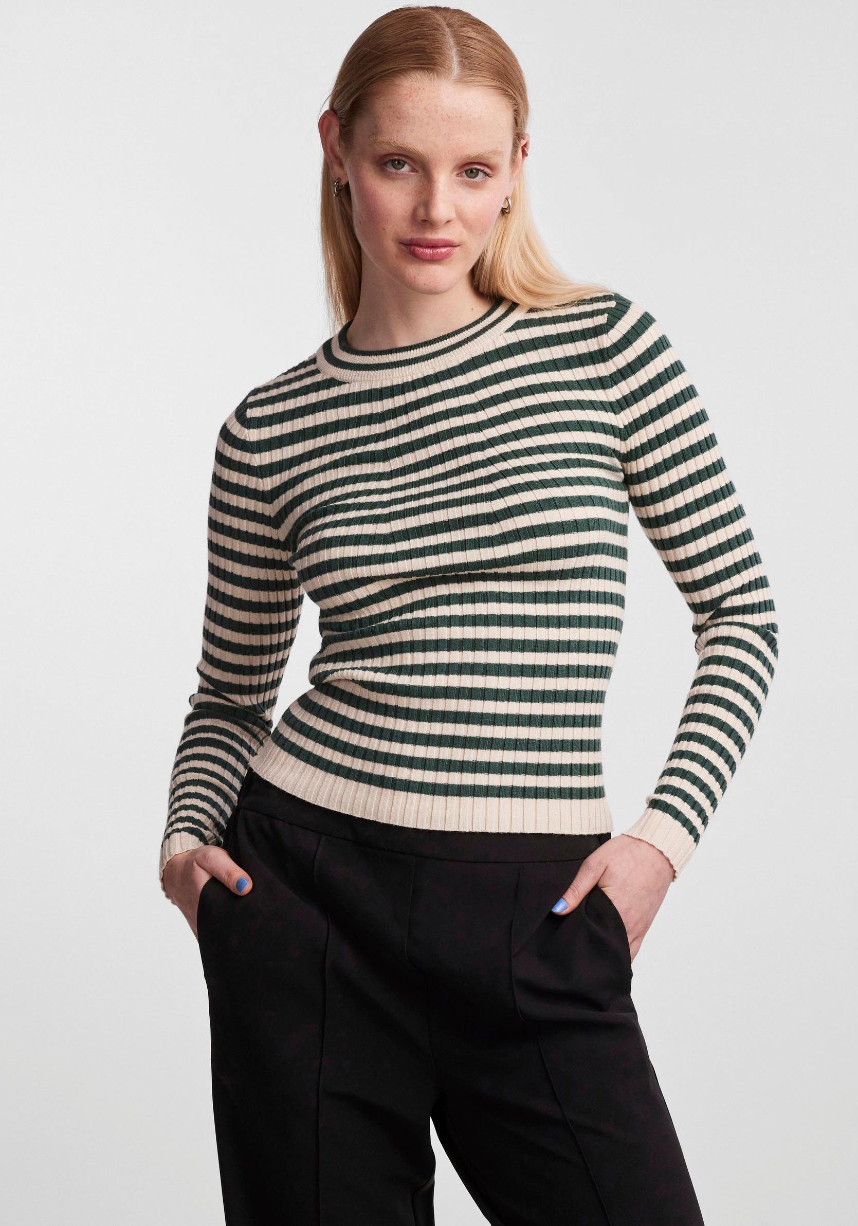 Green Trekking NOOS pieces O-NECK LS Rundhalspullover STRIPES BC PCCRISTA Stripes:BIRCH KNIT