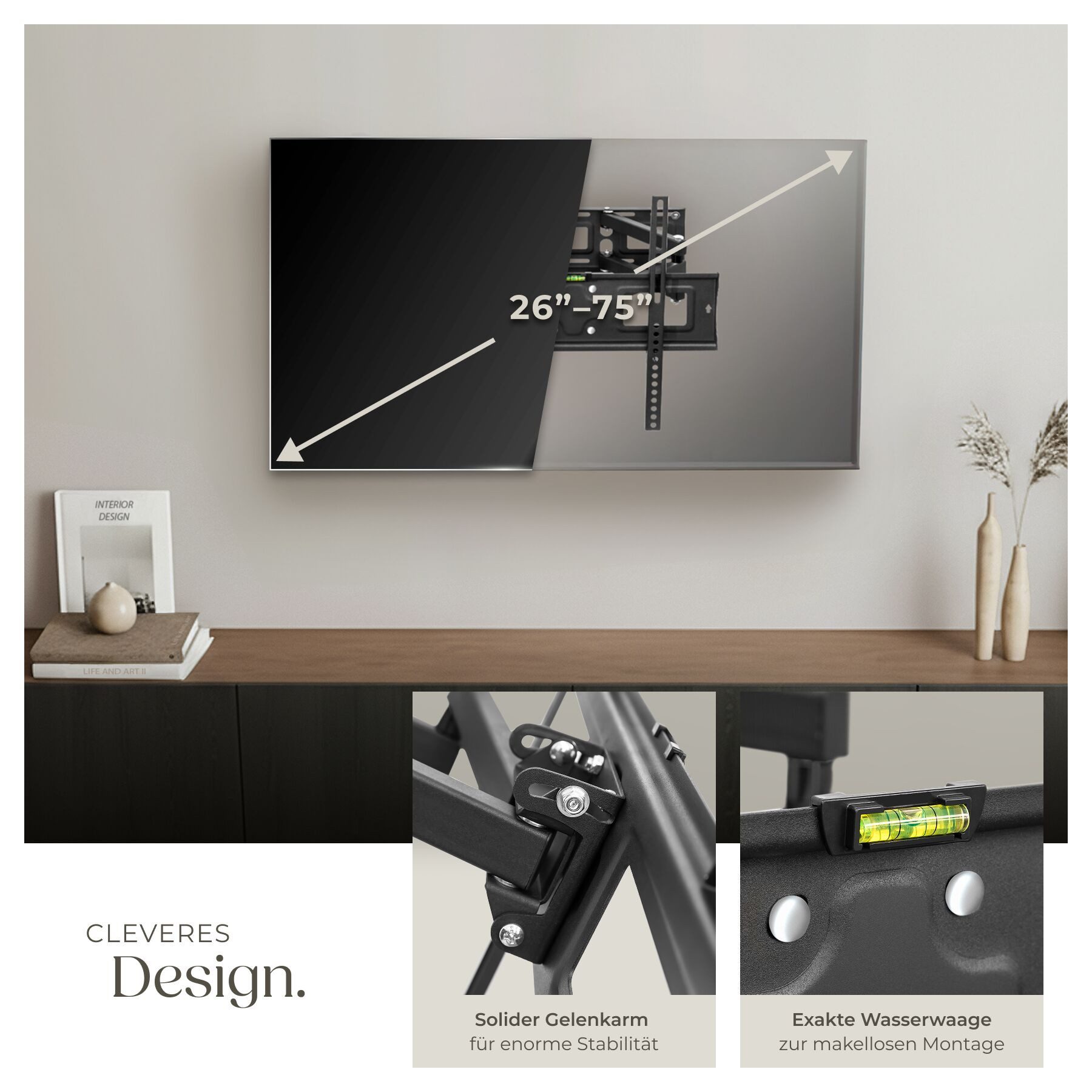 tectake TV-Wandhalterung Fernseherhalterung für 26-75 Zoll (66-191 cm), max. VESA 400 x 400, (bis 75 Zoll, für Flachbildfernseher, bis 100 kg, ausziehbar, schwenkbar, neigbar und stufenlos breitenverstellbar)