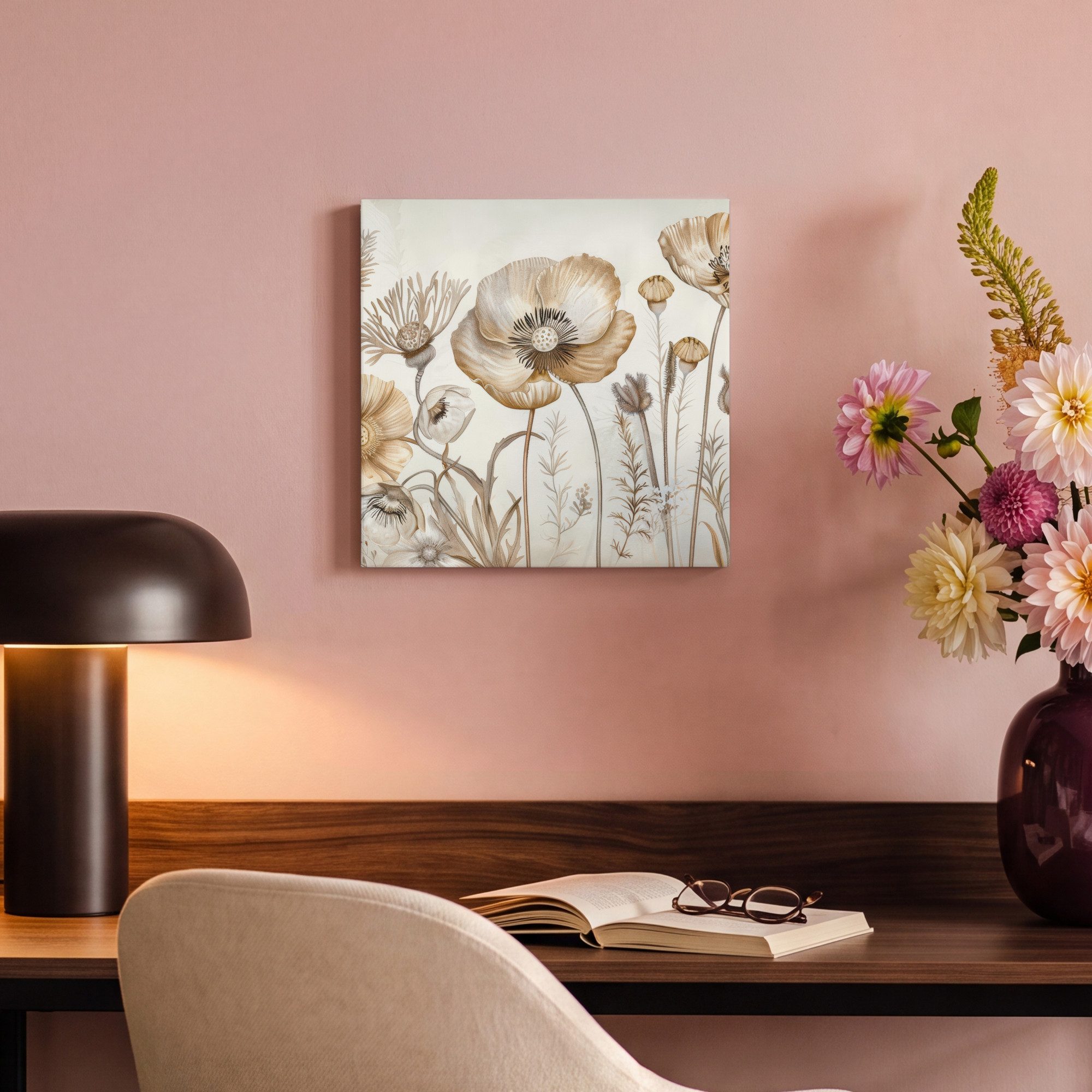 OneMillionCanvasses® Leinwandbild Blumen - Beige - Natur - Illustration, Fotodruck (1 St), Leinwand Bilder Klein, Wand Dekoration Aesthetic 30x20 cm – Bild 4 von 5