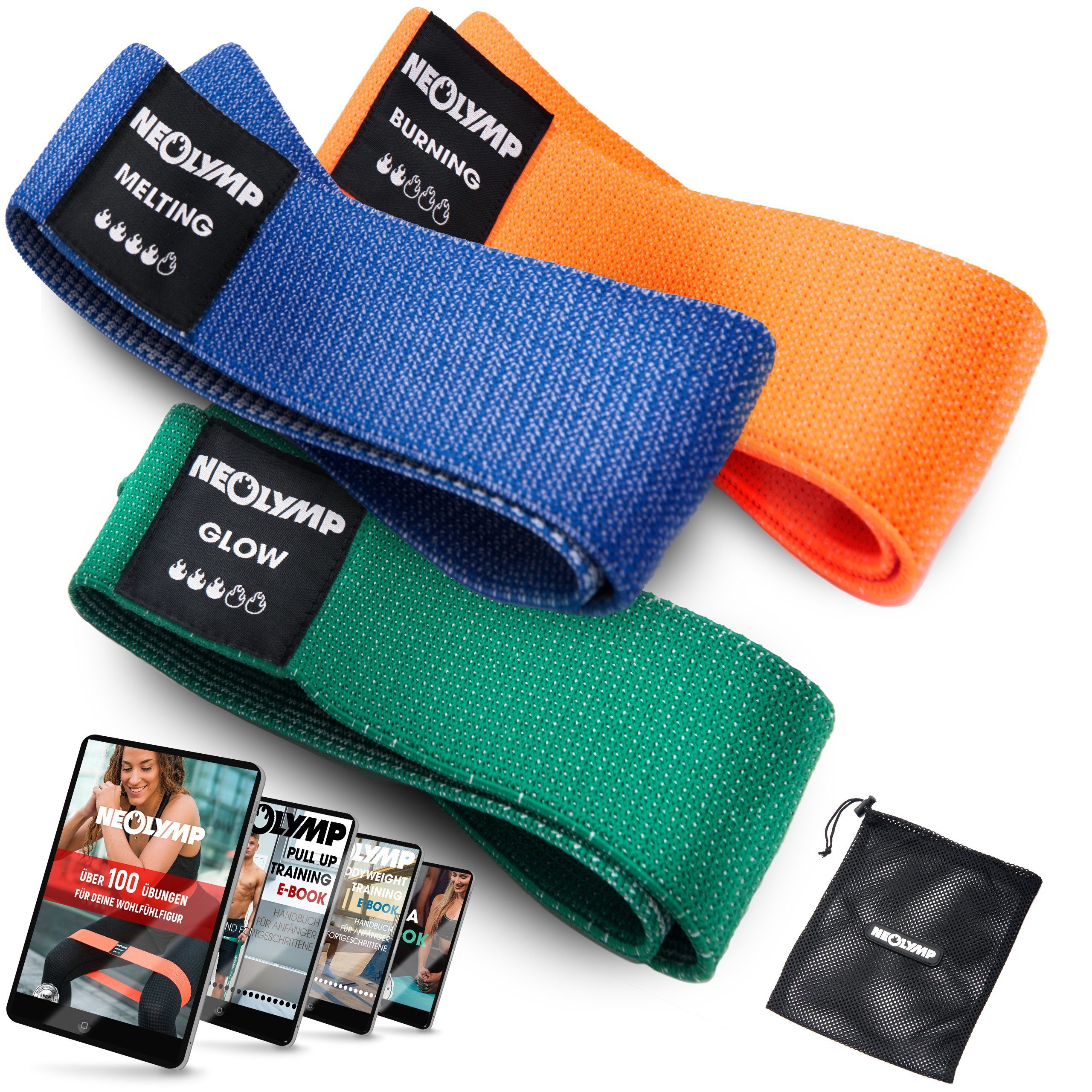 NEOLYMP Trainingsband Premium MinibänderI Fitnessbänder Bauch Beine PoI Trainingsband IMB310, Naturfasern, komfortabel, mit E-Book, langlebig, hygienisch, waschbar 3er-Set | Fitnessbänder