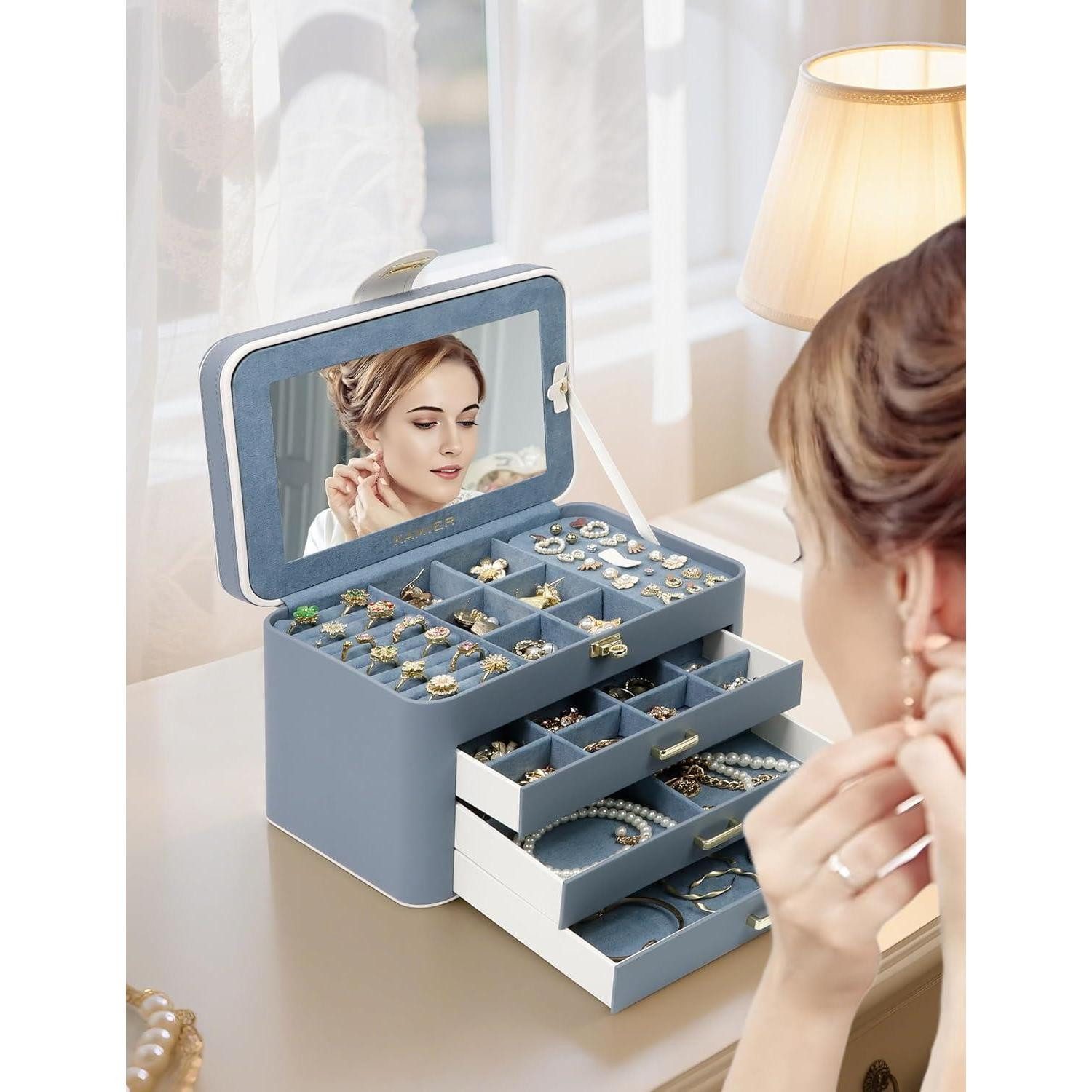 LuxusKollektion Schmuckkasten Schmuckkästchen für Damen, große Schmuckschatulle mit Spiegel, Schloss