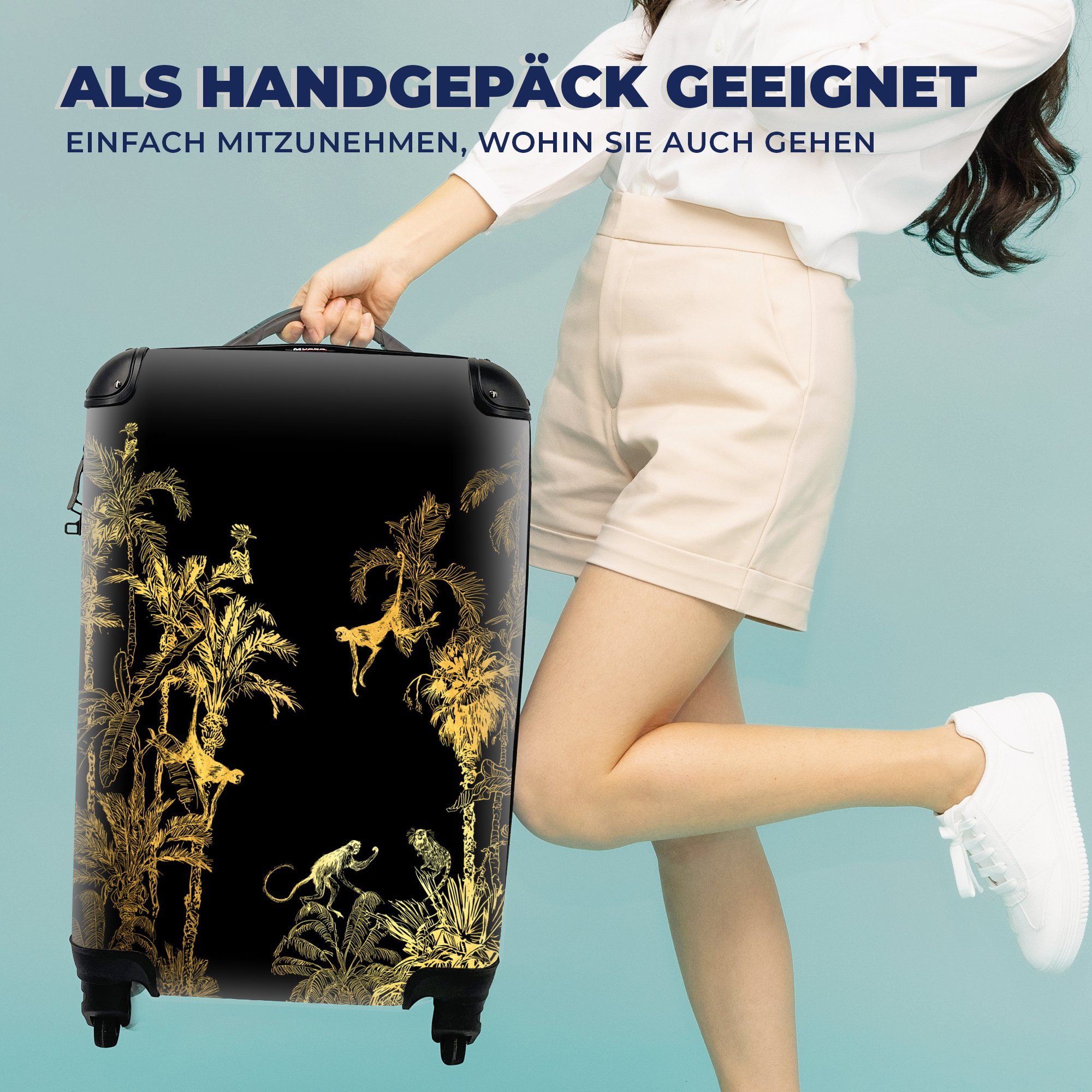 MuchoWow Handgepäckkoffer Dschungel - Reisekoffer mit Affe Reisetasche - 4 für rollen, Trolley, Rollen, Gold, Handgepäck Ferien