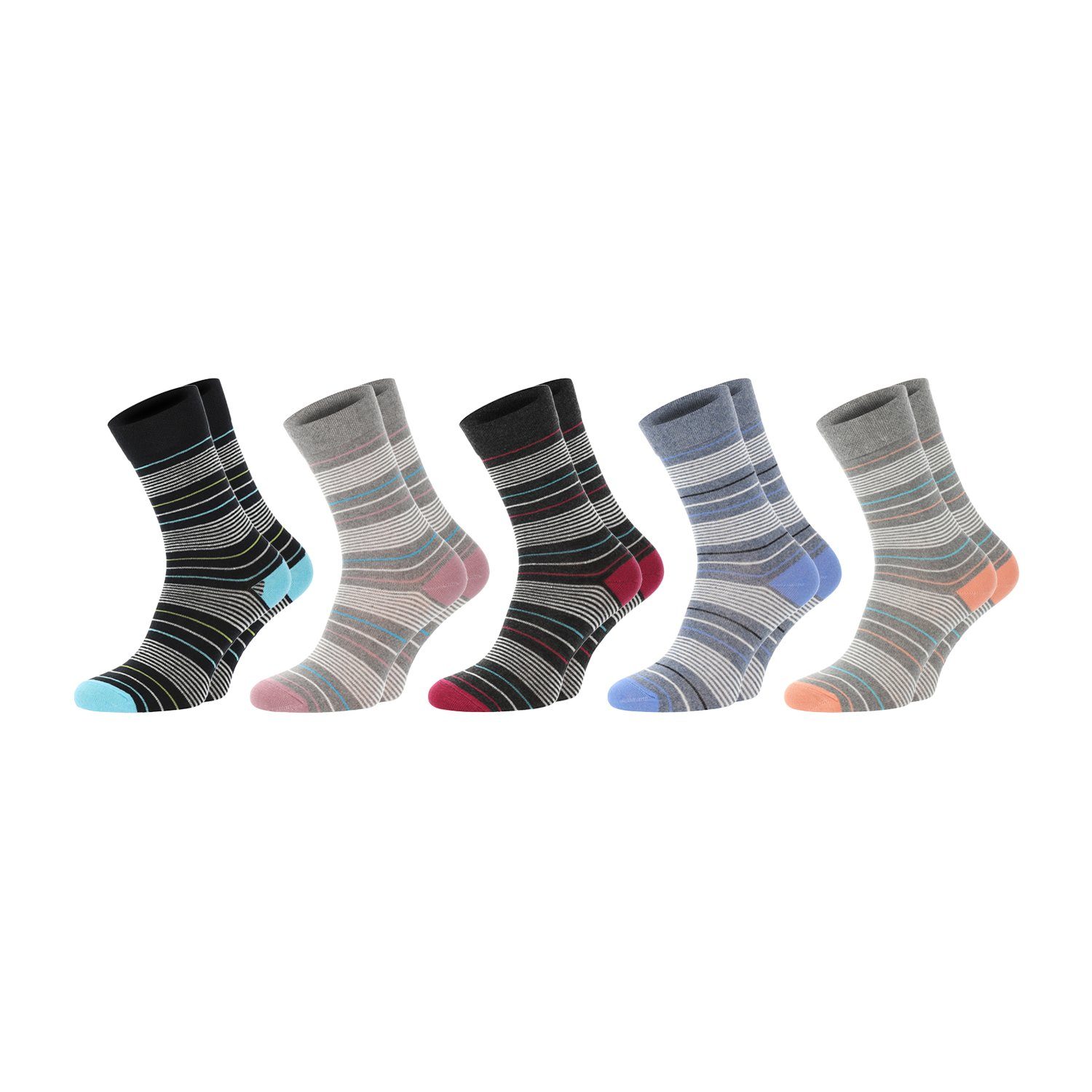 Chili Lifestyle Strümpfe Socken Streifen Design, 5 Paar, Damen, Baumwolle, Schwarz, Blau, Grau