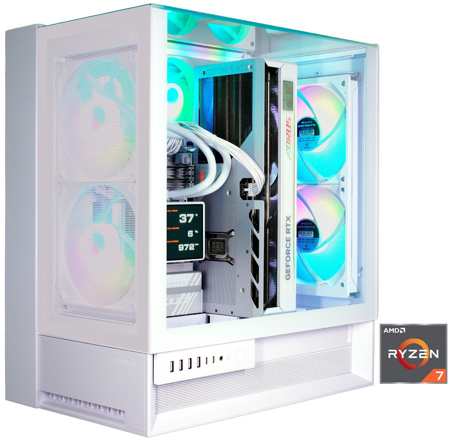 Cougar OmnyX Gaming-PC (AMD Ryzen 7 9850X3D, RTX 5090, 64 GB RAM, 2000 GB SSD, Wasserkühlung, Windows 11, DDR5 RAM, Wasserkühlung)