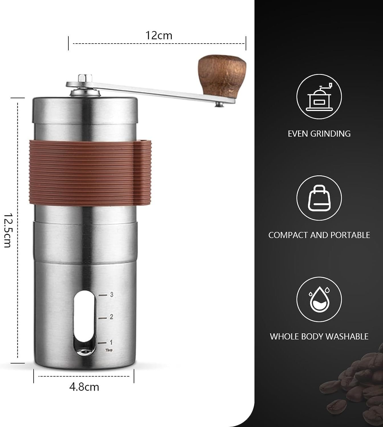 LIANNA Kaffeemühle Manuelle Kaffeemühle, Handkaffeemühle aus Edelstahl mit Handkurbel, 20 W, Becherform, 250 g Bohnenbehälter, Mini-Handmühle mit Keramikmahlwerk für Kaffeebohnen, einstellbar