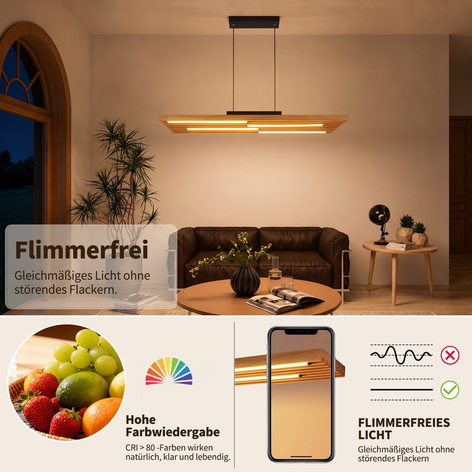 Nettlife LED Pendelleuchte Esstisch Holz,33W,dimmbar,Fernbedienung,Hängelampe Schwarz, 3000–6500K 80*15.5*120cm für Wohnzimmer Küche schlafzimmer esszimmer – Bild 3 von 5