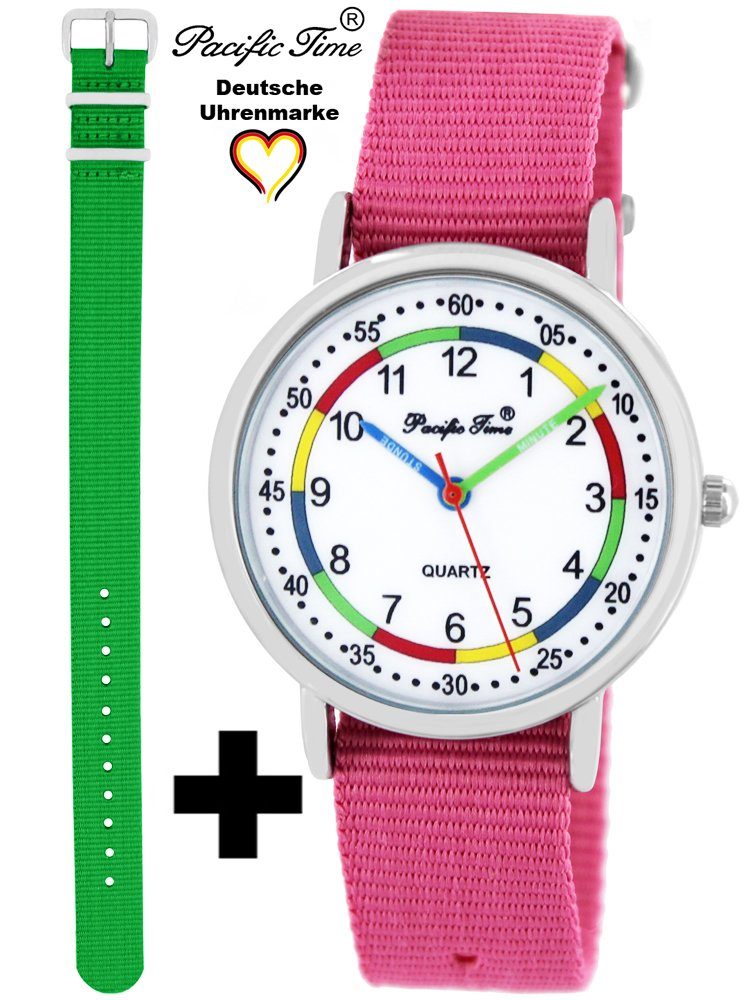 Pacific Time Quarzuhr Set Kinder Armbanduhr First Lernuhr Wechselarmband, Mix und Match Design - Gratis Versand grün und rosa