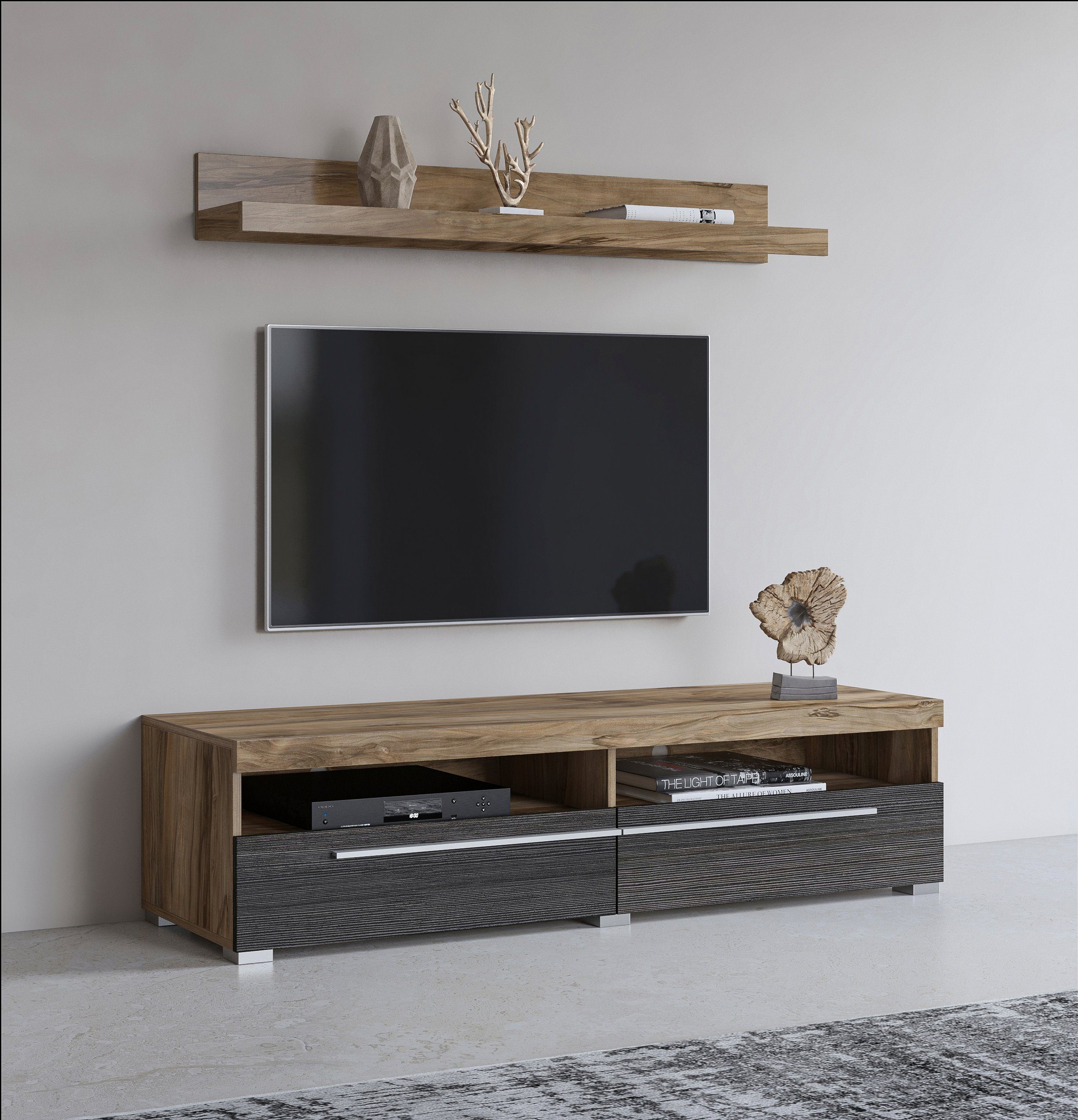 Helvetia Lowboard Roger,Breite 140 cm, stilvolle TV-Kommode, inclusive Wandboard, TV-Schrank mit viel Stauraum, TV-Board, 2 Klappen