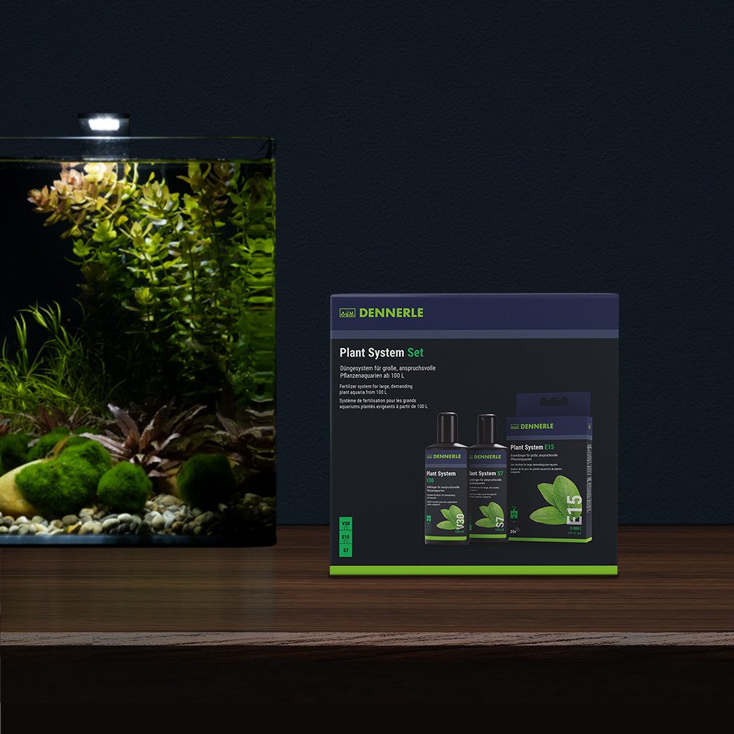 DENNERLE Aquariumpflege Plant System Set, (Plant System S7 100ml, Plant System V30 100ml, Plant System E15 Stück), 3 in 1 Set, Know-How aus über 50 Jahren Forschung