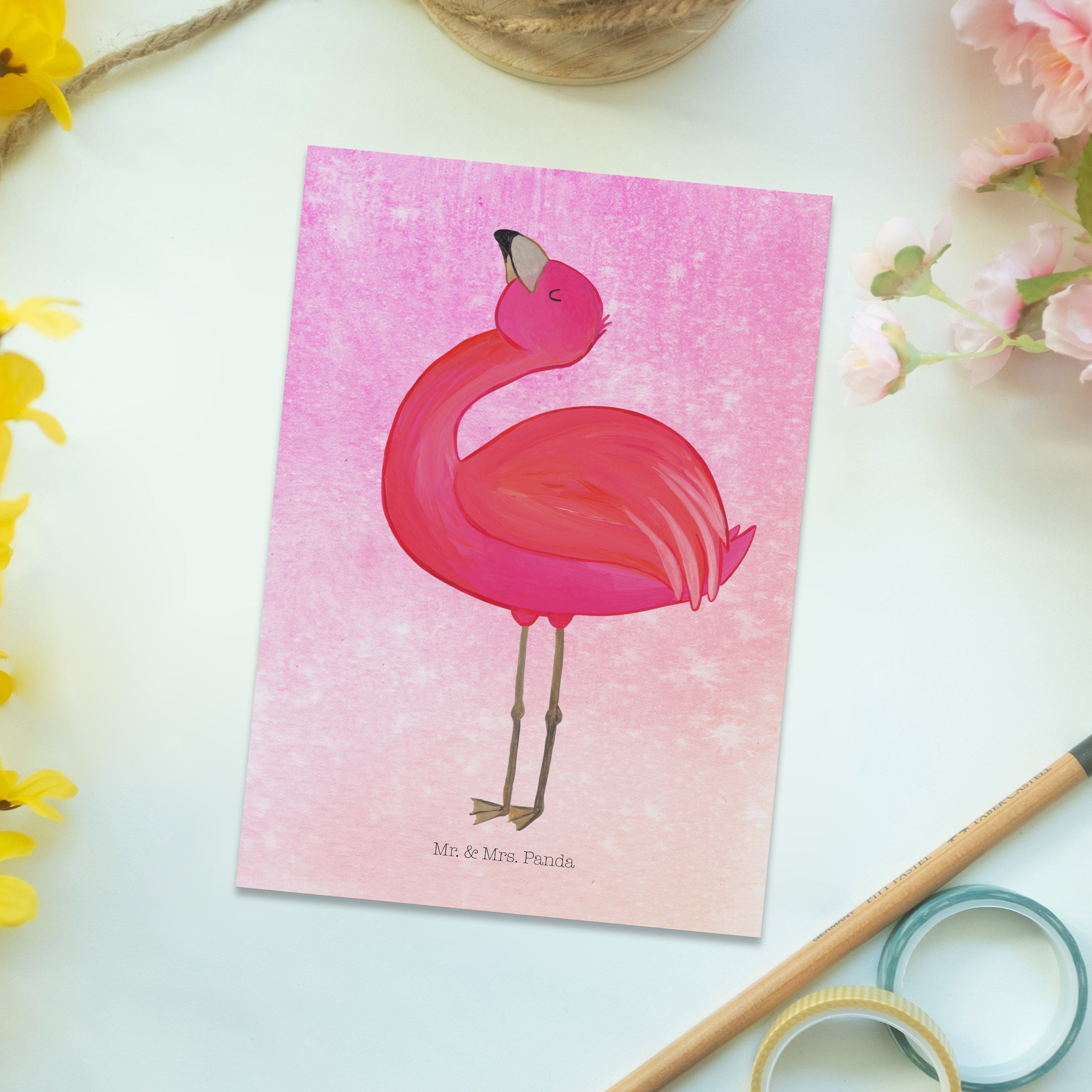 Gebu Mrs. & Geschenk, - - Panda Mr. Flamingo Dankeskarte, Postkarte Tochter, Pink Aquarell stolz