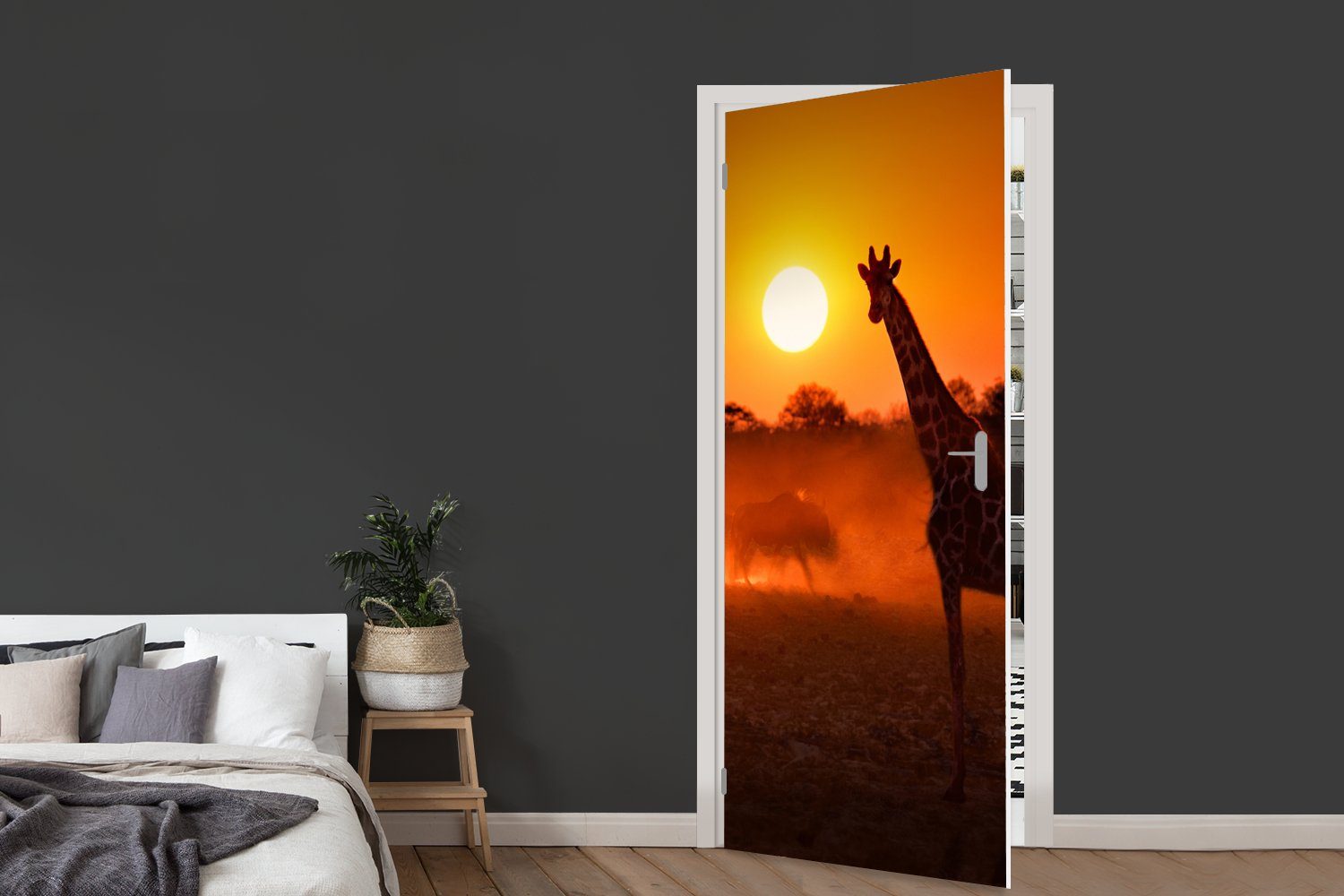 - Fototapete Savanne, Tür, bedruckt, Giraffe Sonne St), cm für Türtapete MuchoWow Matt, Türaufkleber, - (1 75x205