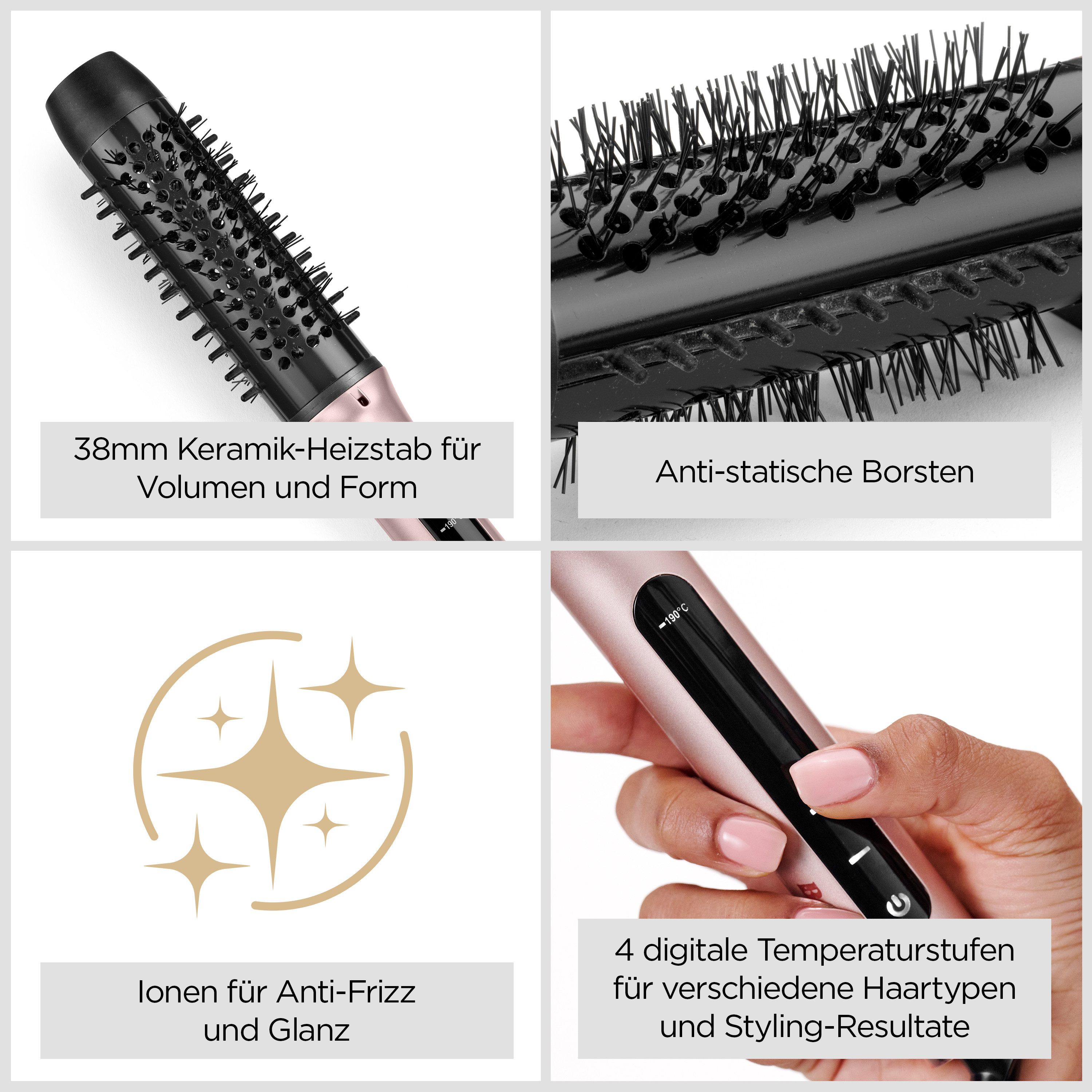 BaByliss Volumen- und Lockenstyler Boost Hot Thermal Brush, Heizbürste, HSB200E, Keramik-Beschichtung, Ionische Lockenbürste, 38mm Thermobürste, Blow-Out und Volumen rosa