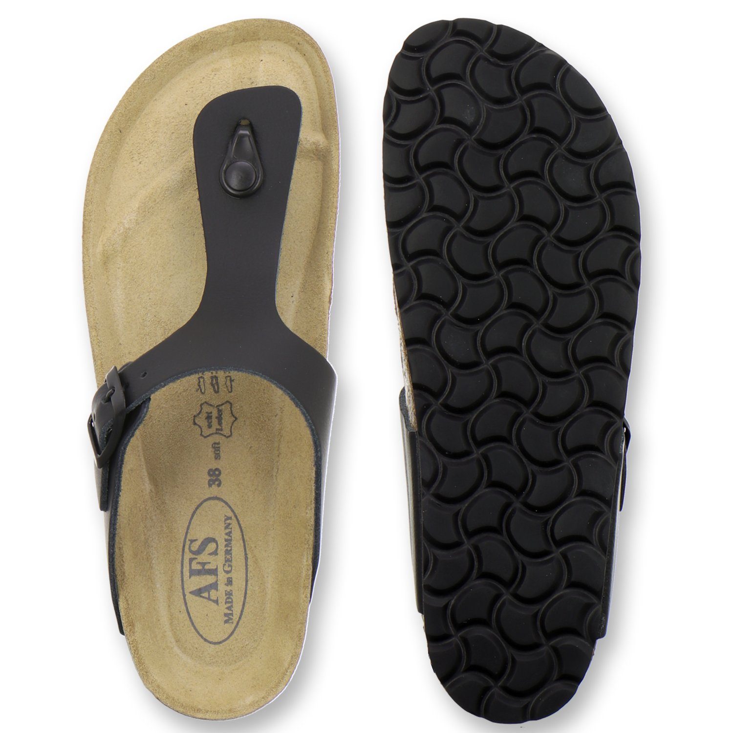 Damen Leder 2107 für in Made Fussbett, Zehentrenner AFS-Schuhe mit Glattleder schwarz aus Germany
