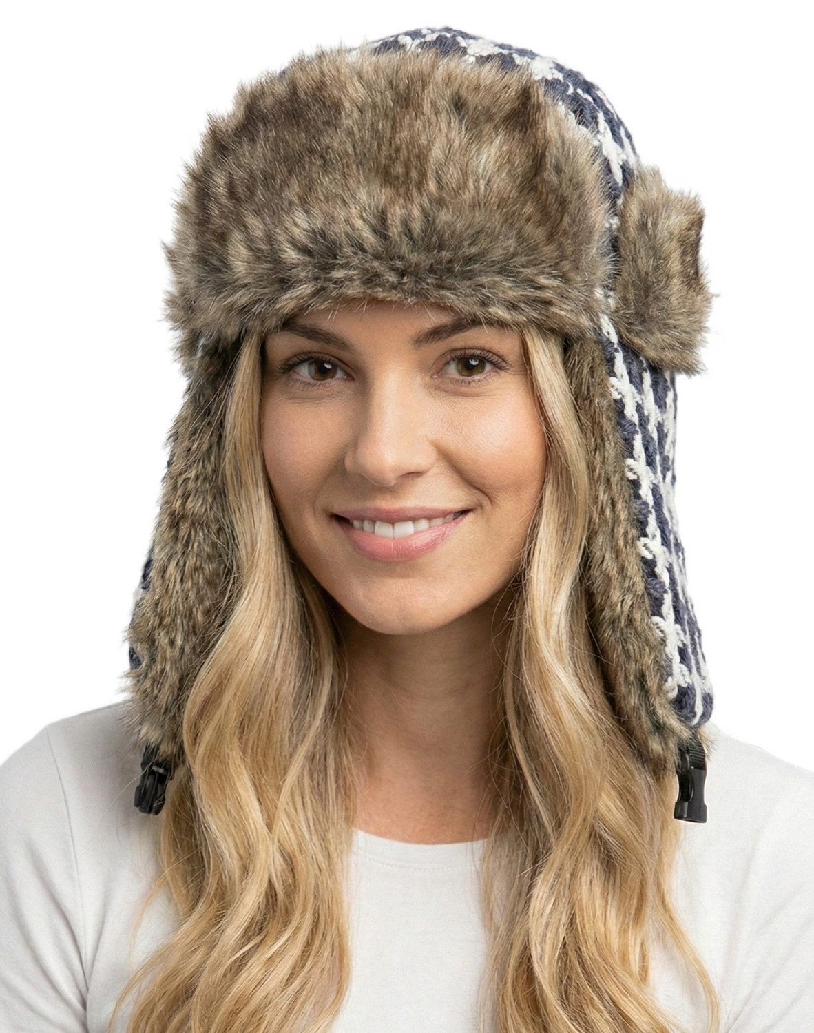 dy_mode Ohrenmütze Damen Pilotenmütze Herren Fliegermütze Mütze mit Ohrenklappen Karo mit Ohrenklappen, mit Kunstfell-Besatz