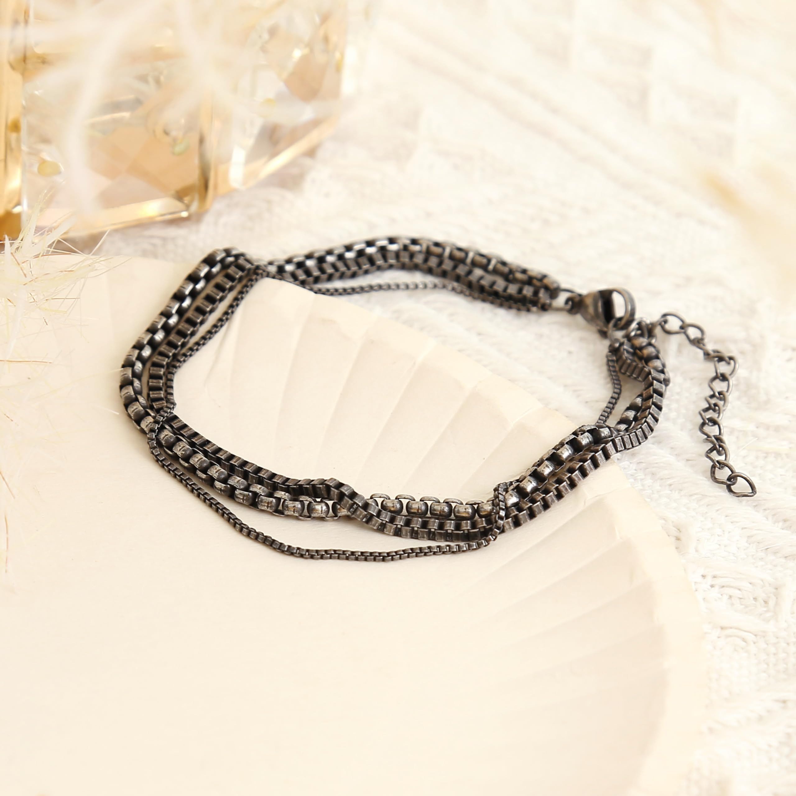 Made by Nami Armkette Mehrreihiges Armband Herren Schwarz Männer Schmuck, Wasserfest 18 cm + 5 cm Länge
