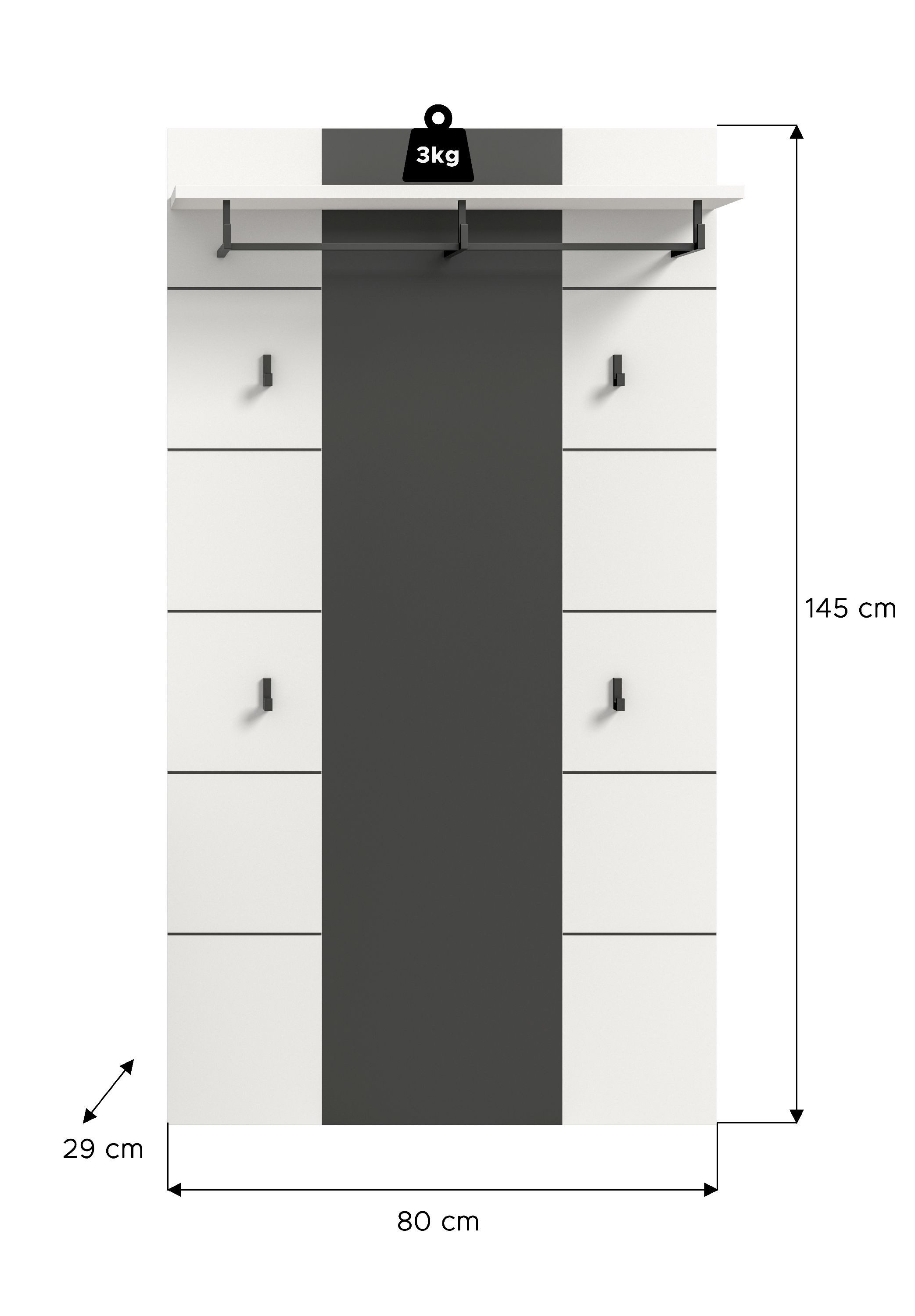 xonox.home Garderobenpaneel, Basalt grau Nachbildung Melamin beschichtet modern 80x141x29 cm